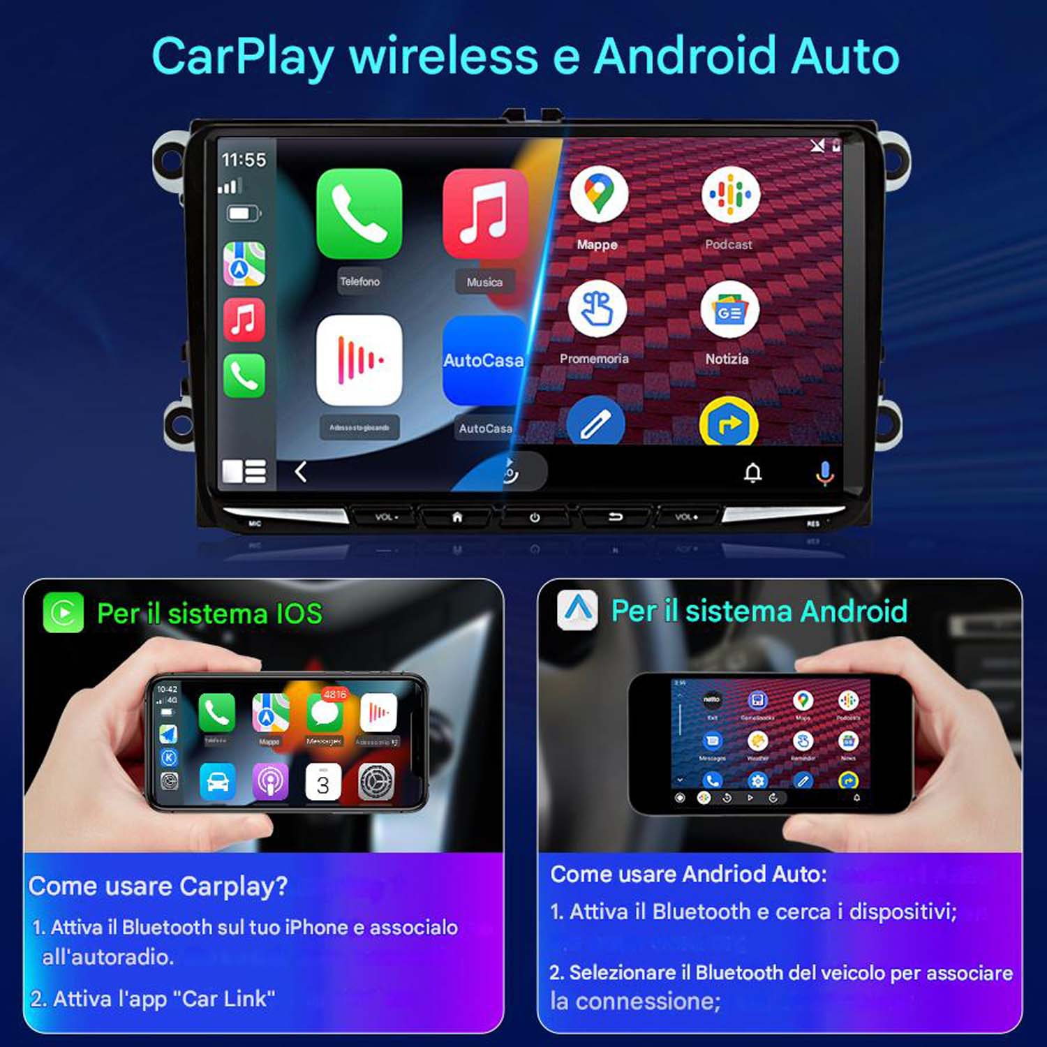 Uno schermo stereo per auto con opzioni CarPlay e Android Auto, insieme a istruzioni ed esempi di telefono.