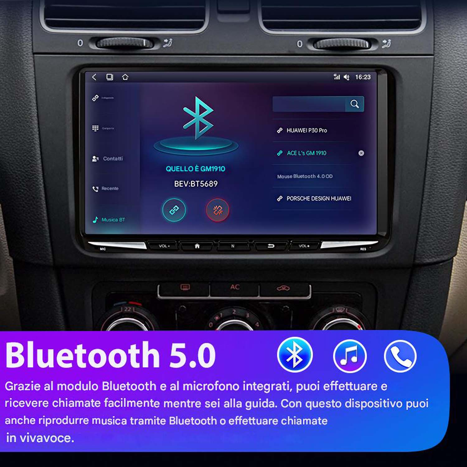 Schermo del cruscotto auto, menu Bluetooth, telefono connesso, testo, info, sfondo bianco.