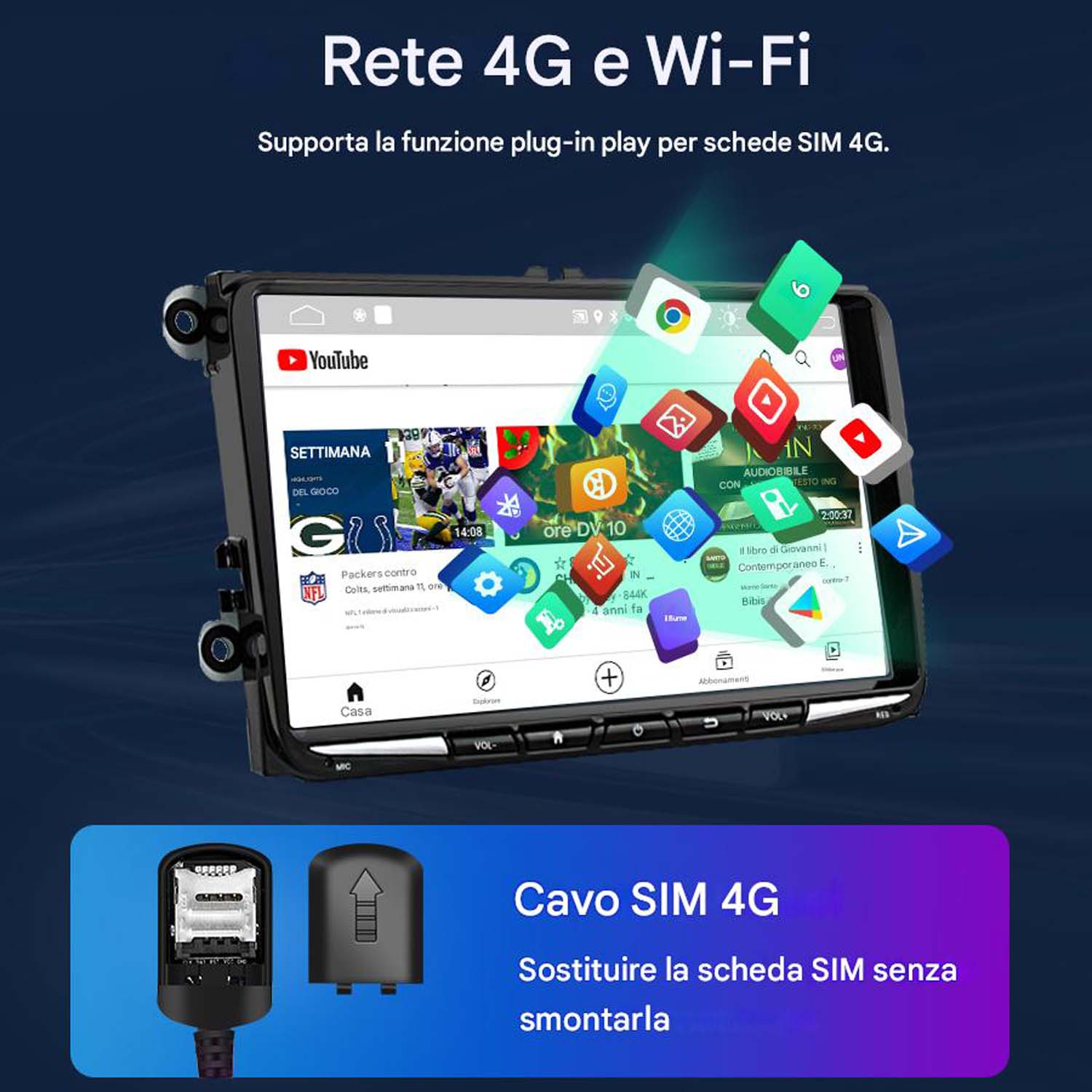 Display multimediale per auto con icone e slot per scheda SIM.
