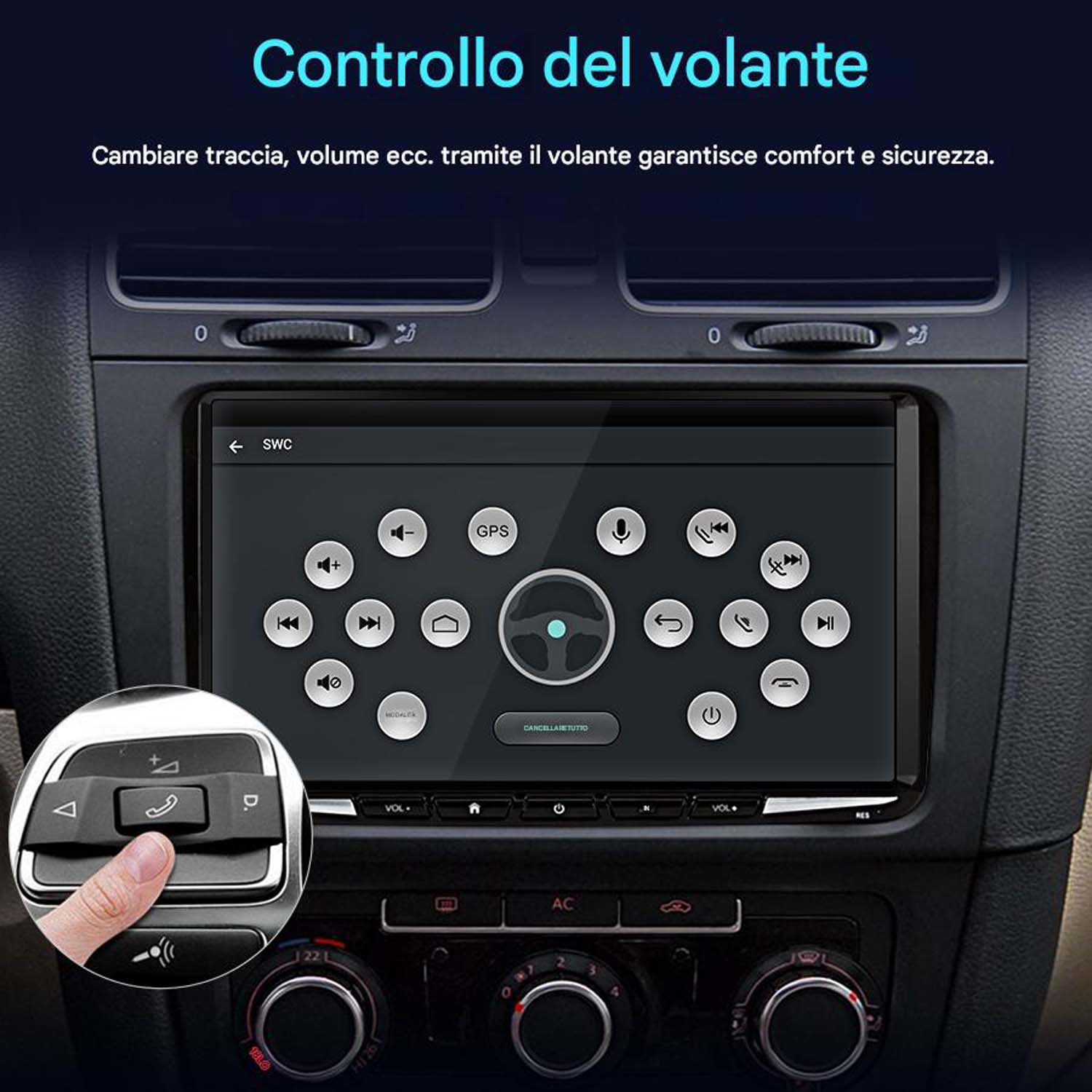 Autoradio con schermo che mostra i controlli, pulsanti sotto, mano sul pulsante.