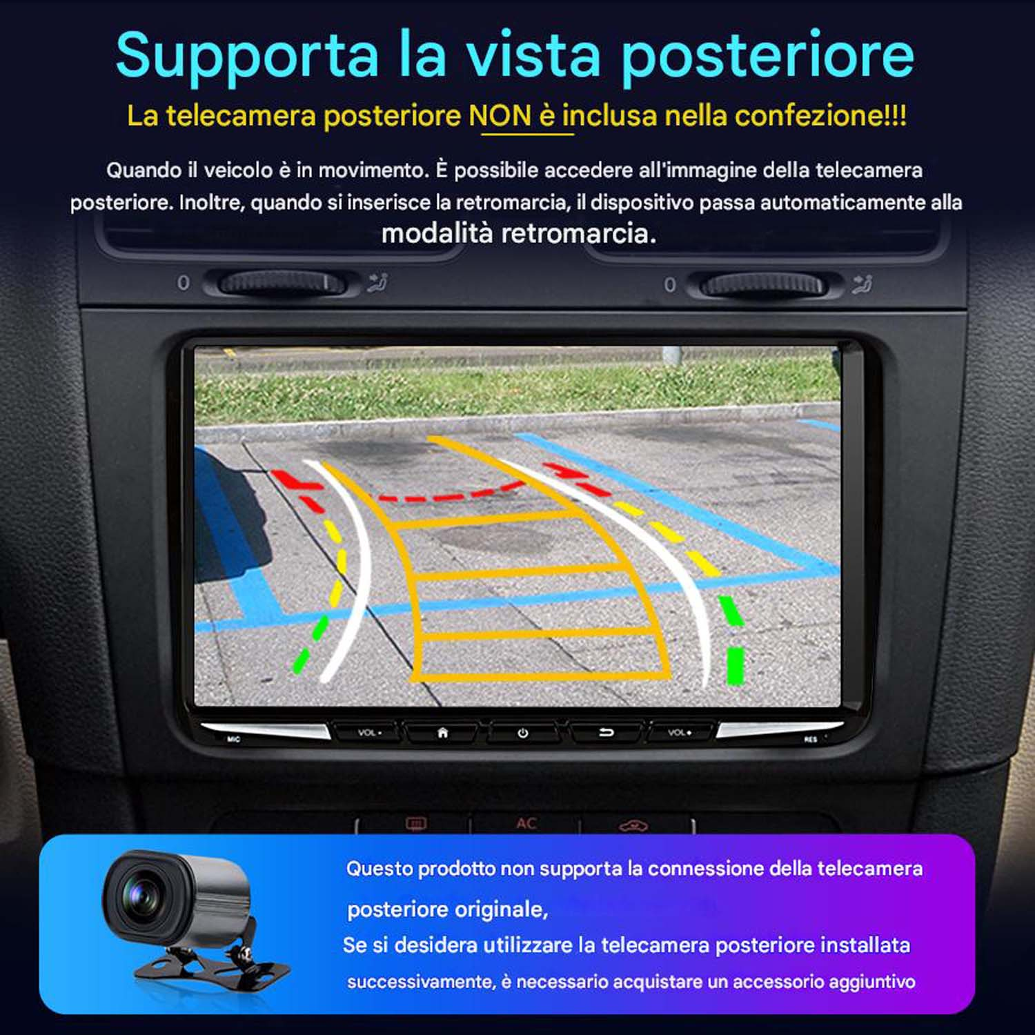 Schermo del cruscotto dell'auto con linee di parcheggio. Sotto, una telecamera di backup. Testo in italiano.