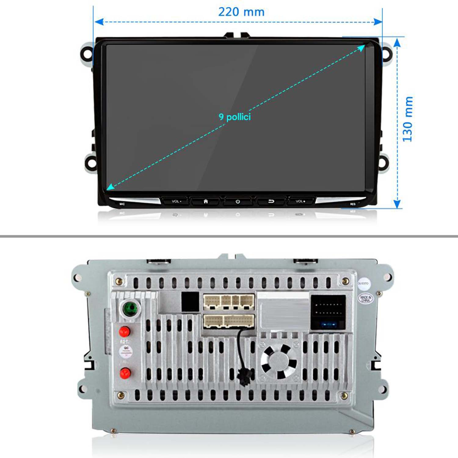 Schermo audio per auto, con dimensioni. Cornice nera, schermo nero e pulsanti di controllo.