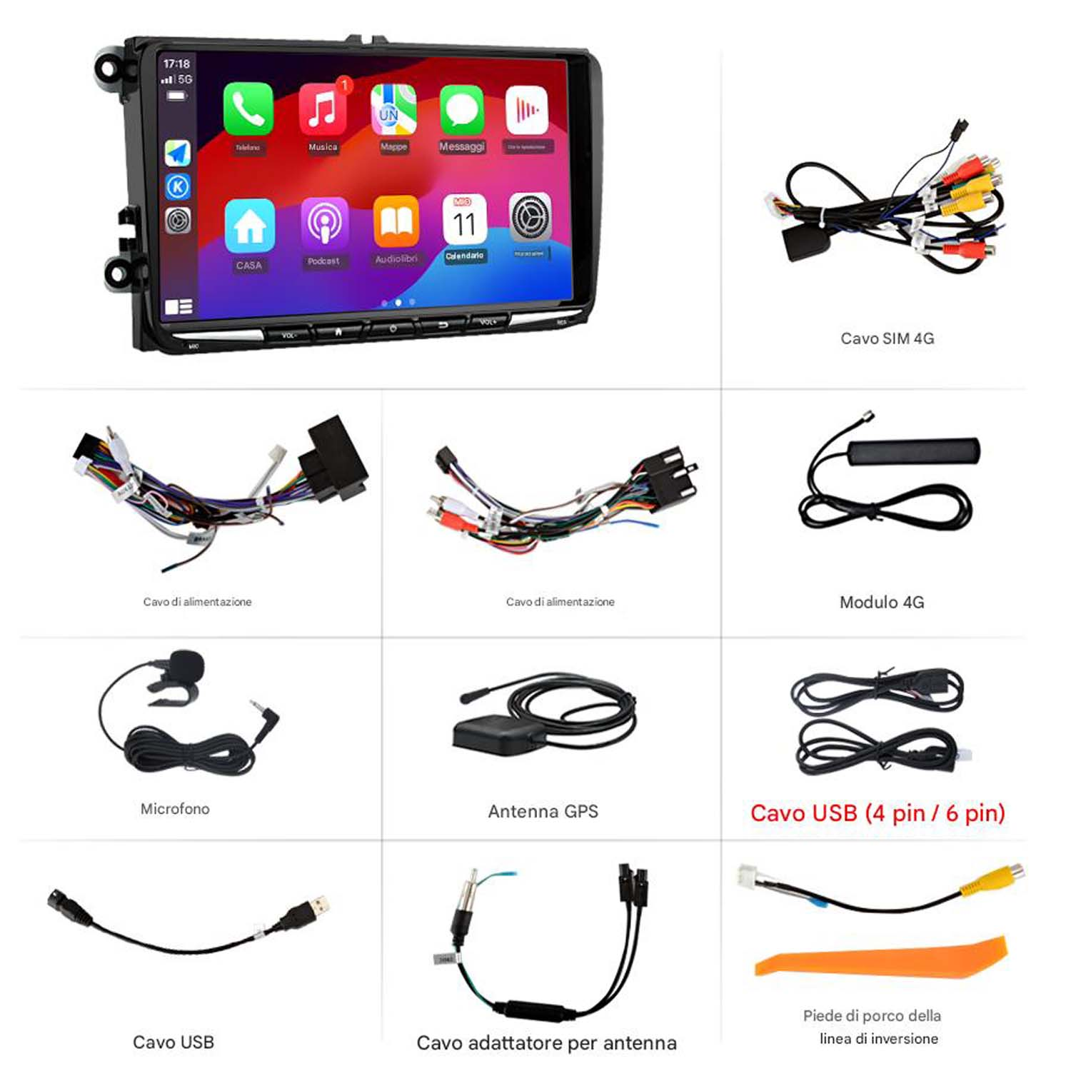 Un sistema multimediale per auto con vari cavi e accessori su una superficie bianca.