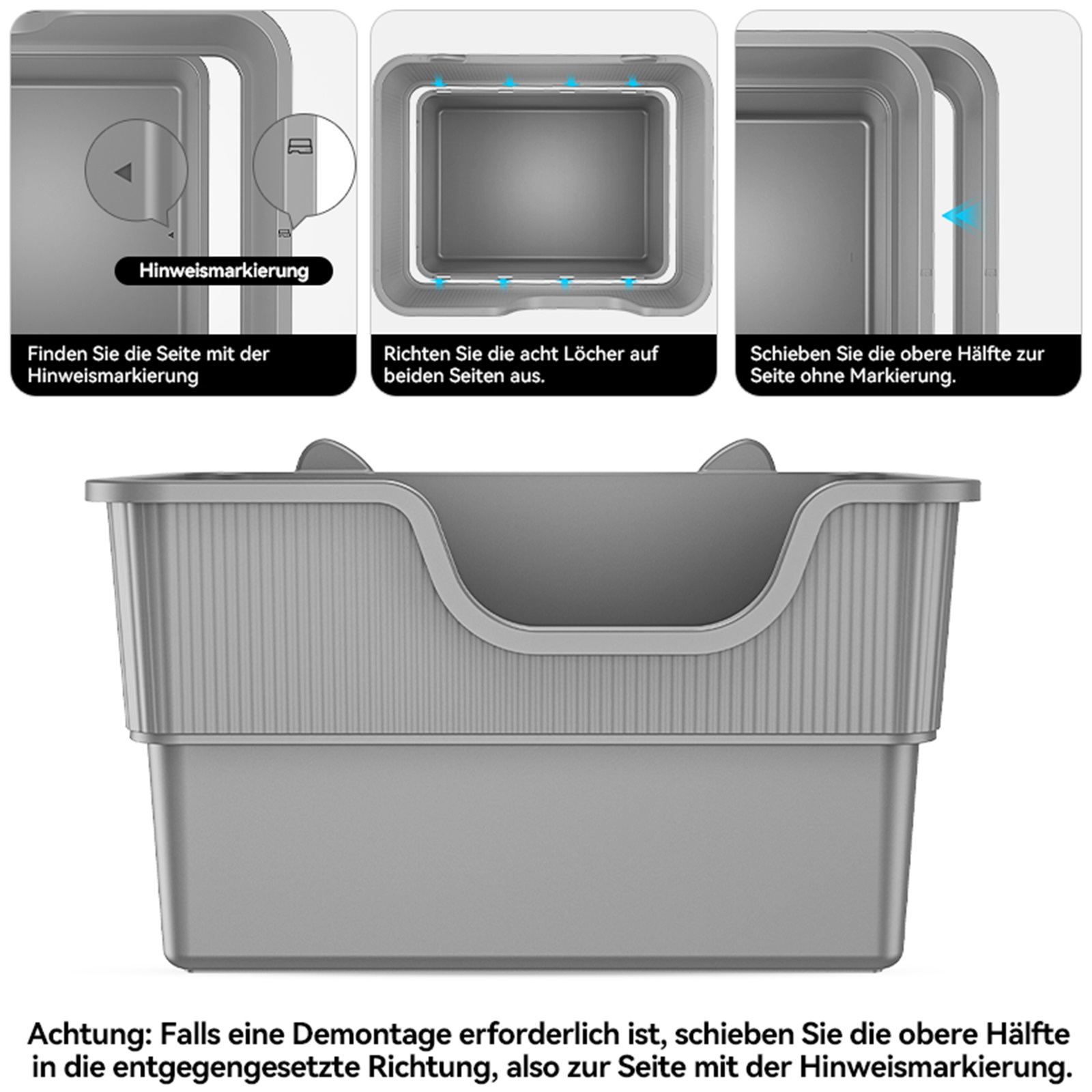 Graue Katzentoilette mit Anweisungen, die die Montage zeigen, mit Ober- und Unterteil.
