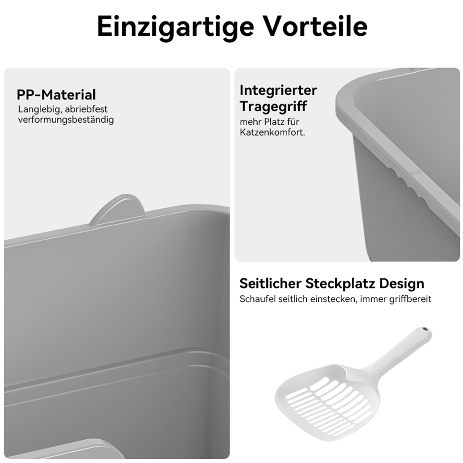 Graue Katzenstreu-Box mit Schaufel und Text.