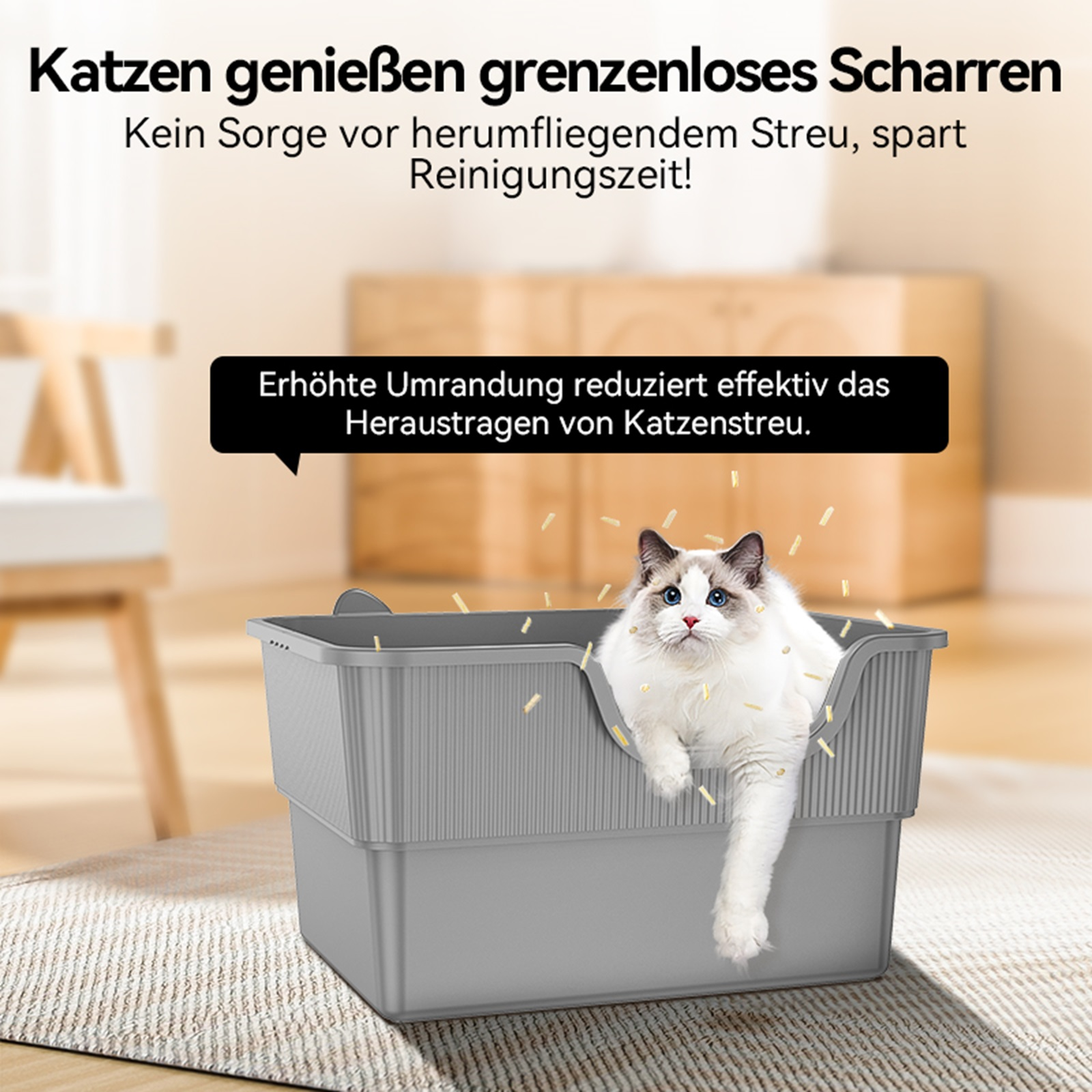 Katze in einer grauen Katzentoilette. Streu um die Box herum.