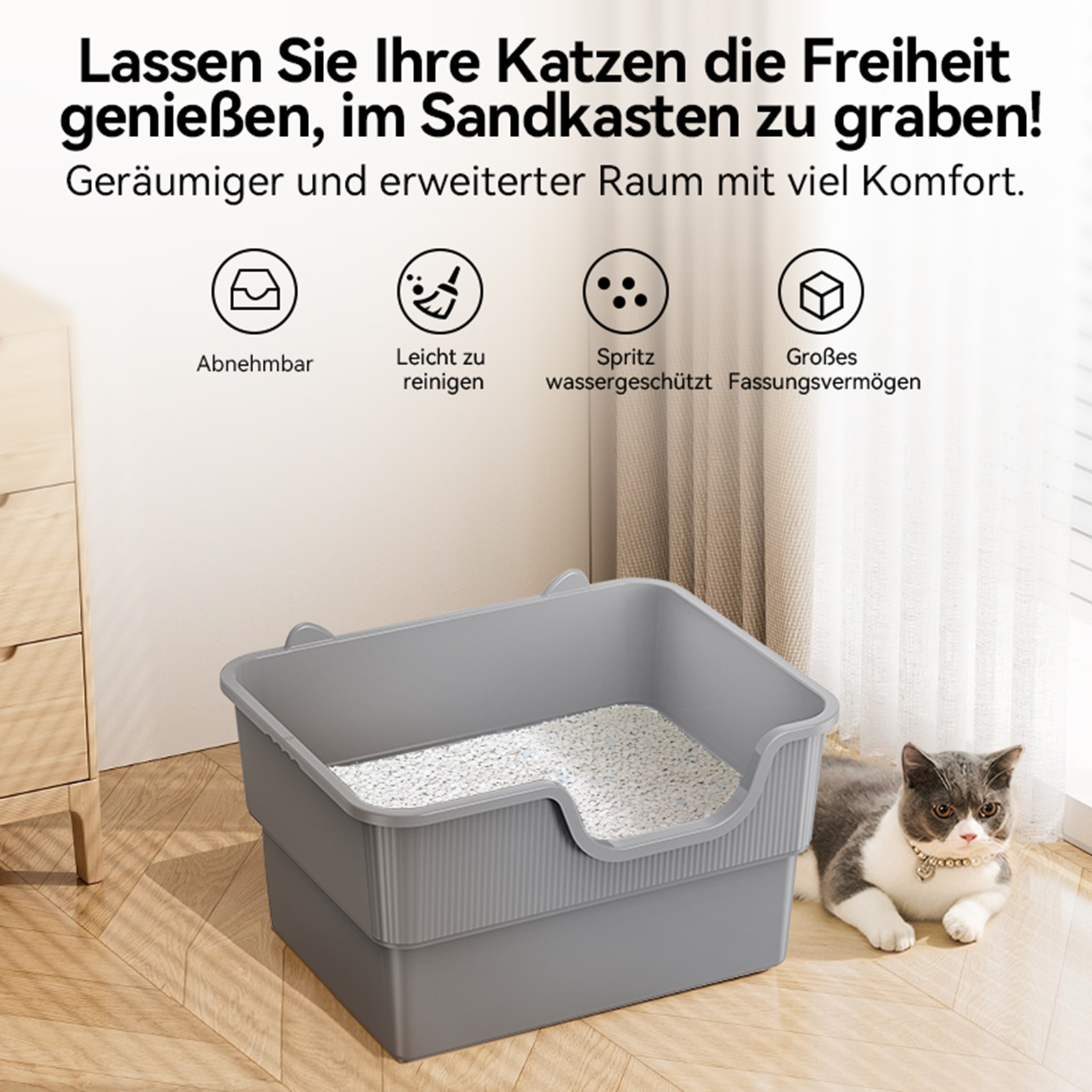 Graue Katze in grauer Katzentoilette mit weißem Streu. Text auf Deutsch oben.