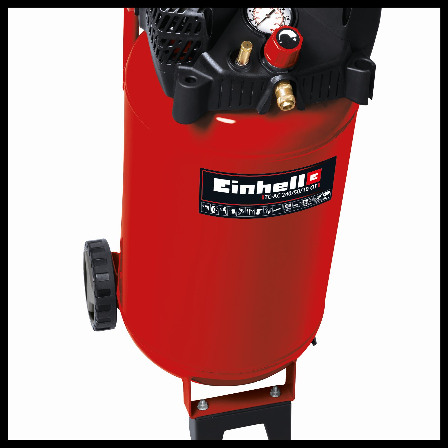 Un compressore d'aria Einhell rosso con manometri e motore visibile. È su ruote.