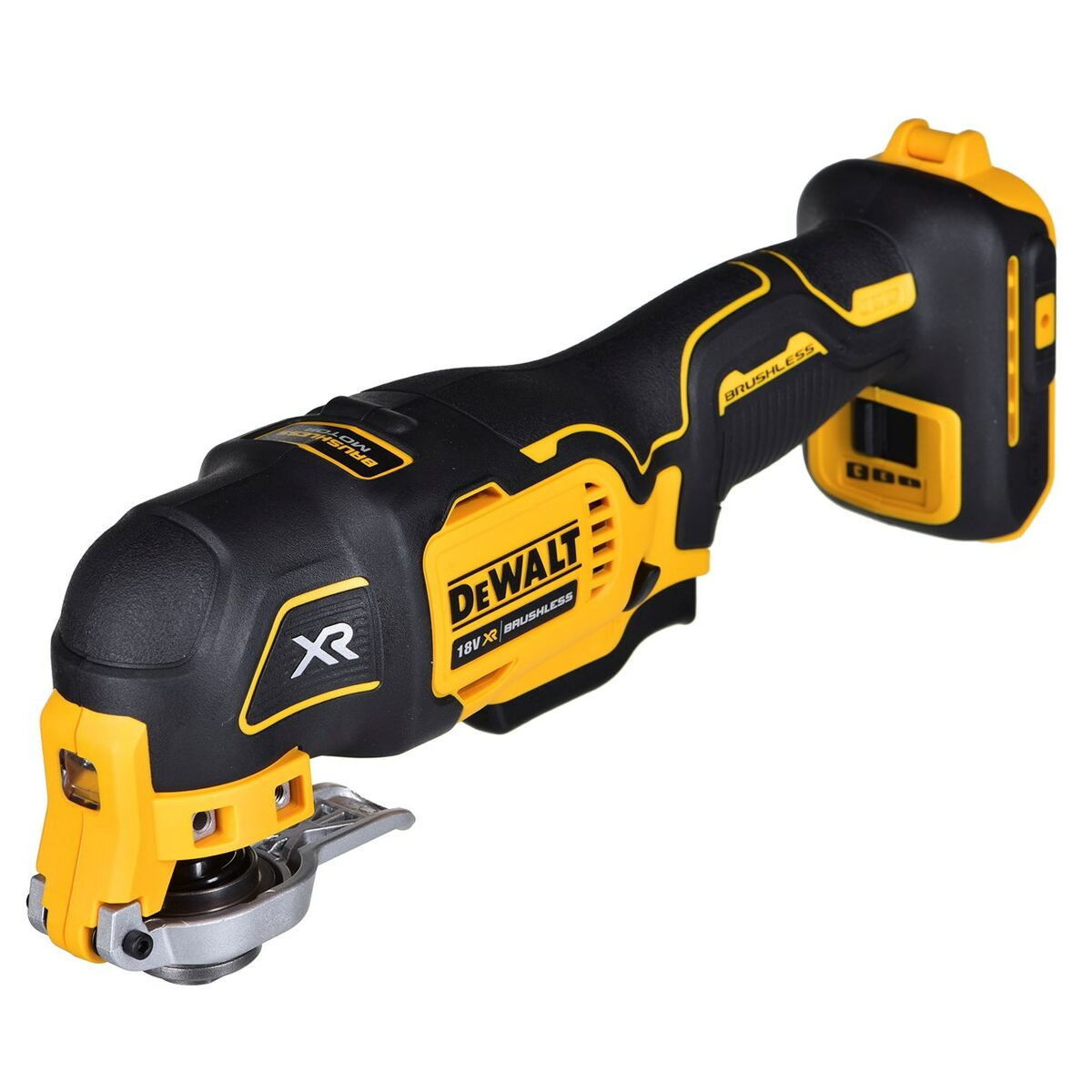 DeWalt multi-tool w kolorze czarnym i żółtym, pod kątem, ze srebrnym ostrzem.