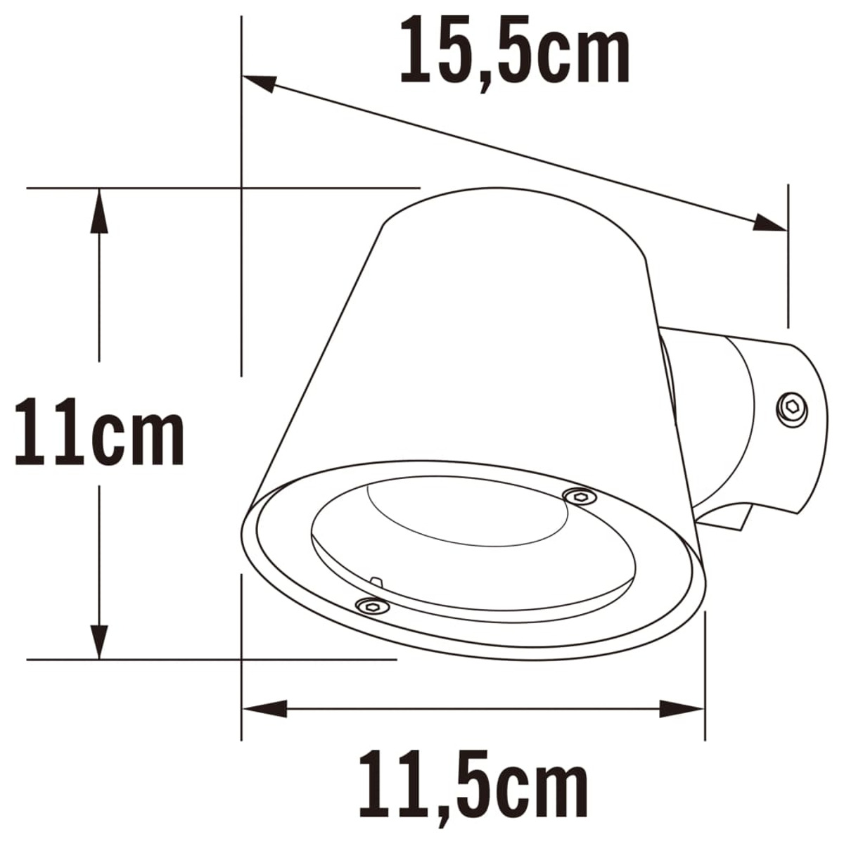 Diagramm, das die Abmessungen eines Strahlers zeigt. Die Maße sind 11 cm, 11,5 cm und 15,5 cm.