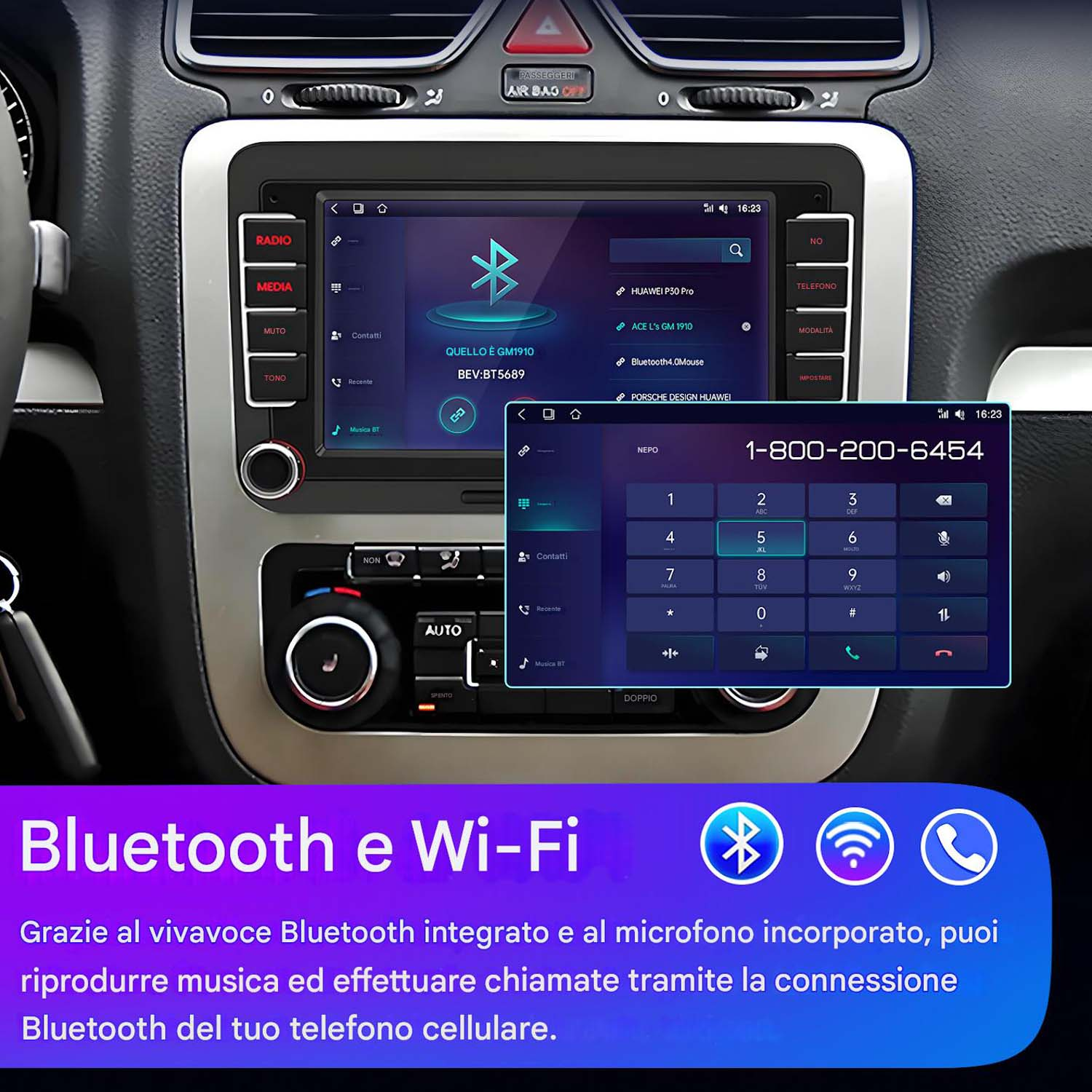 Cruscotto auto con schermo che mostra interfaccia Bluetooth e tastierino telefonico.