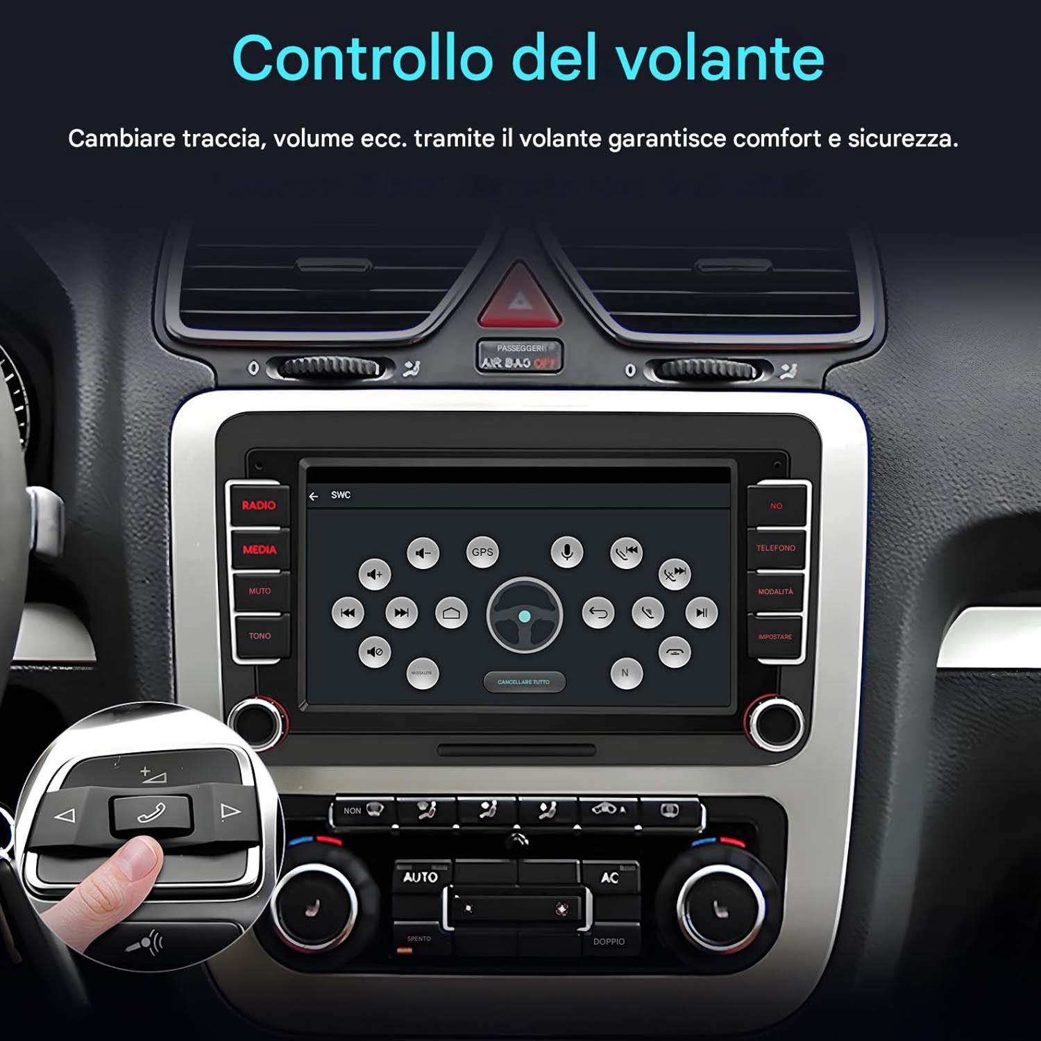 Sistema di infotainment per auto con touchscreen. Visualizza navigazione e controlli. L'interfaccia è in italiano.