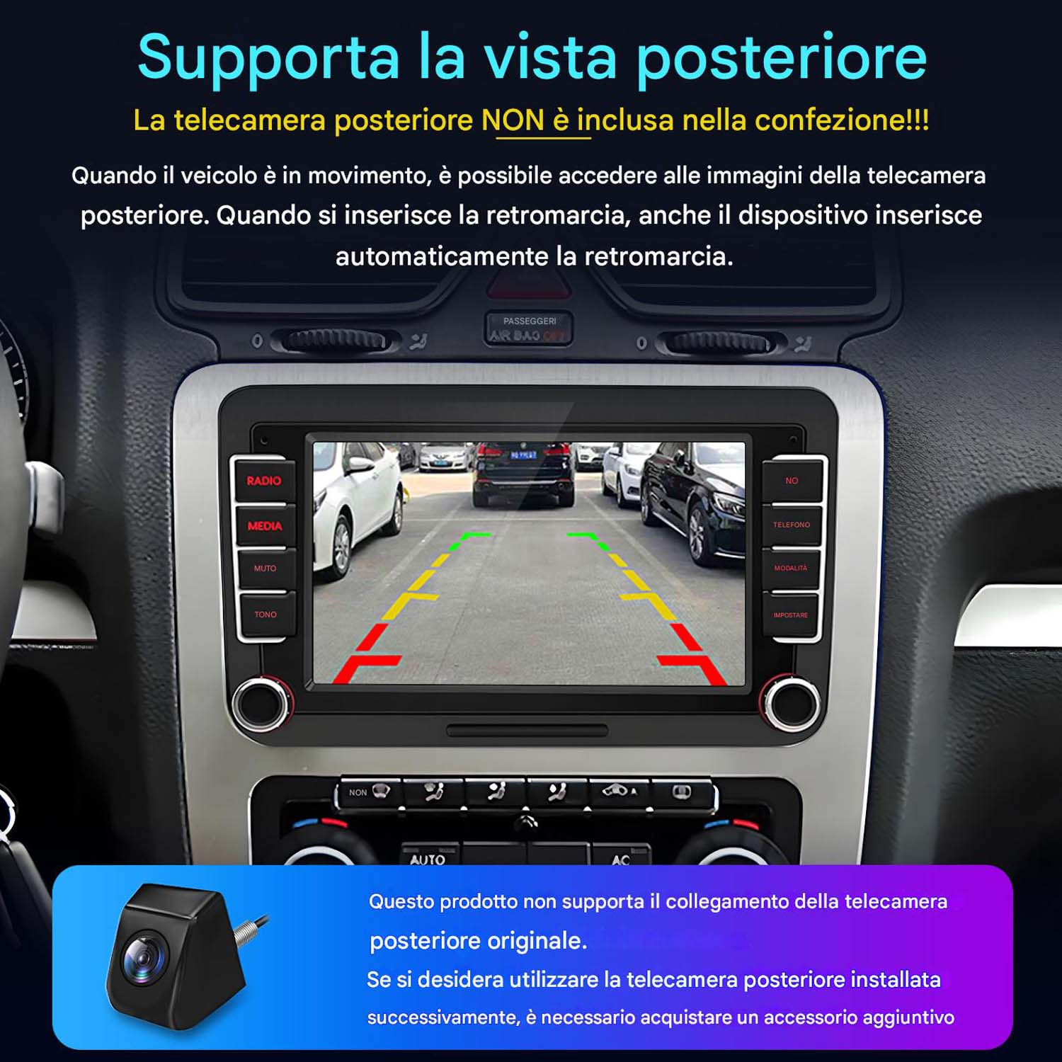 Schermo del cruscotto dell'auto che mostra la vista della telecamera posteriore con linee di parcheggio e auto.