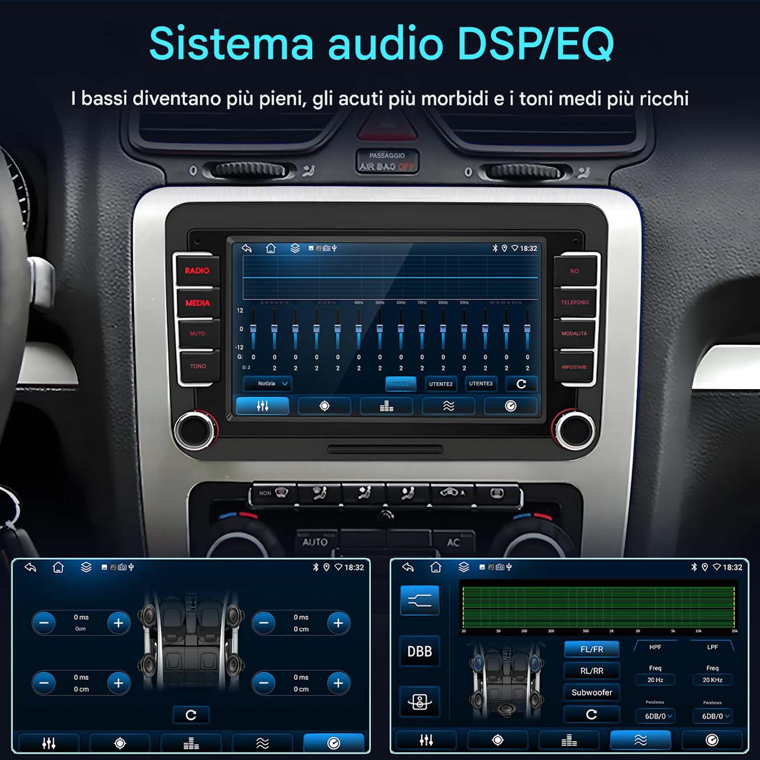 Schermo dell'interfaccia del sistema audio dell'auto con diverse opzioni e controlli.