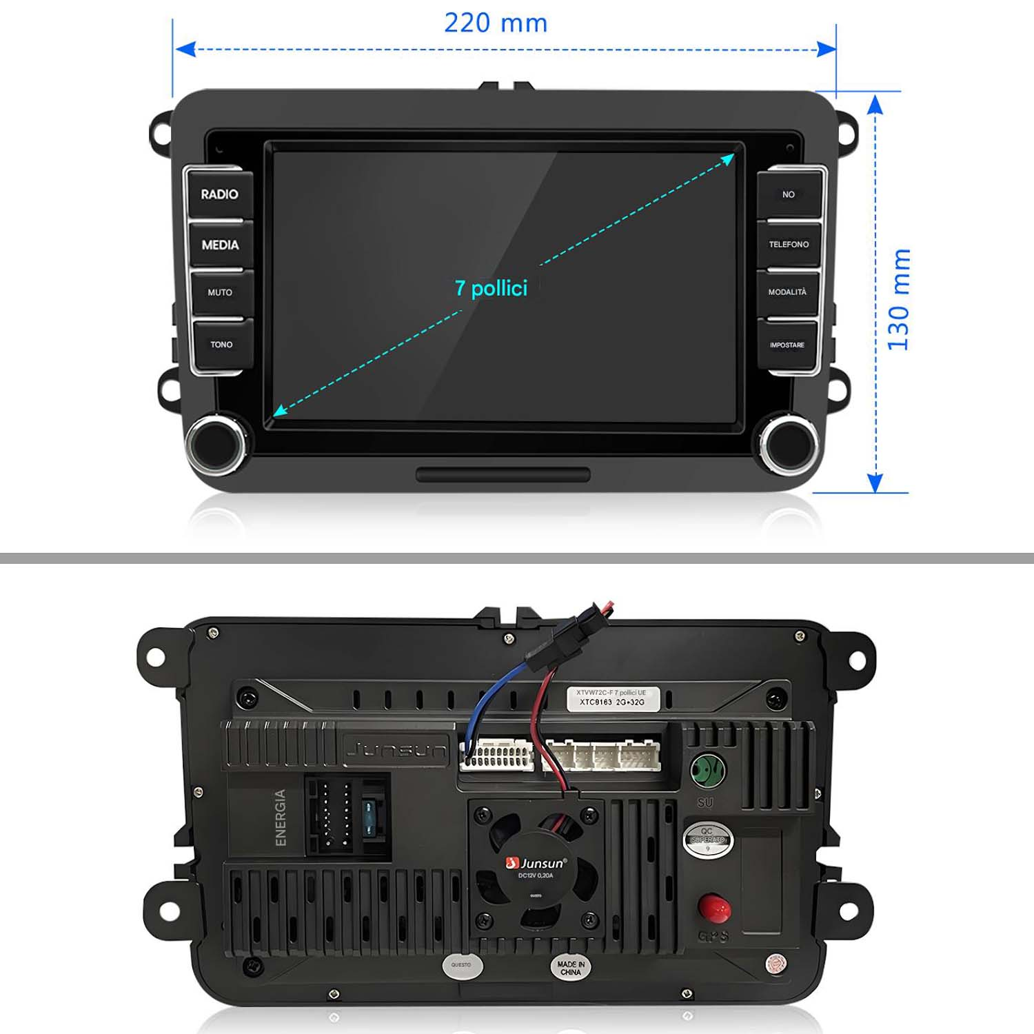 Autoradio con schermo, opzioni di menu e dimensioni di 220 mm x 130 mm con pulsanti.