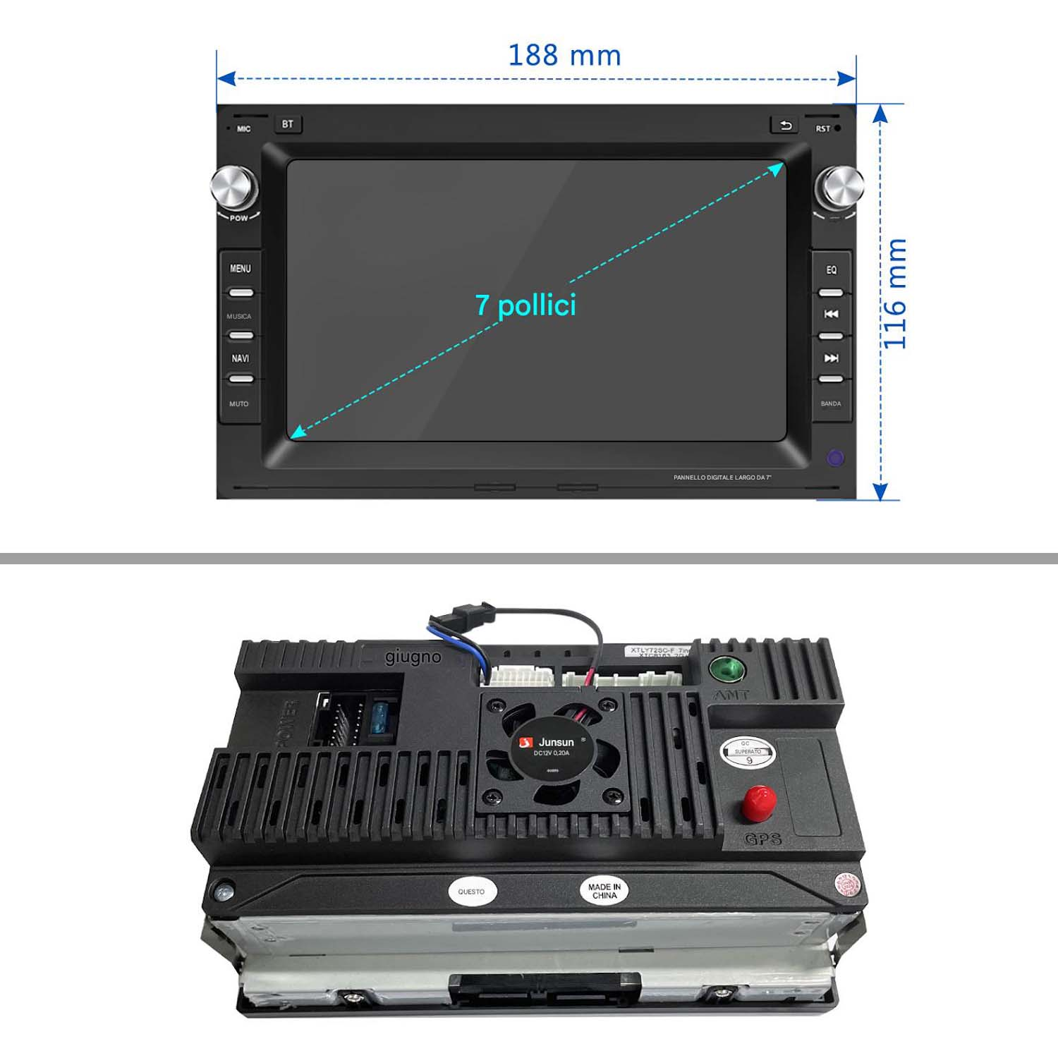 Impianto stereo per auto con schermo, che mostra le opzioni del menu, e dimensioni di 188 mm x 116 mm.