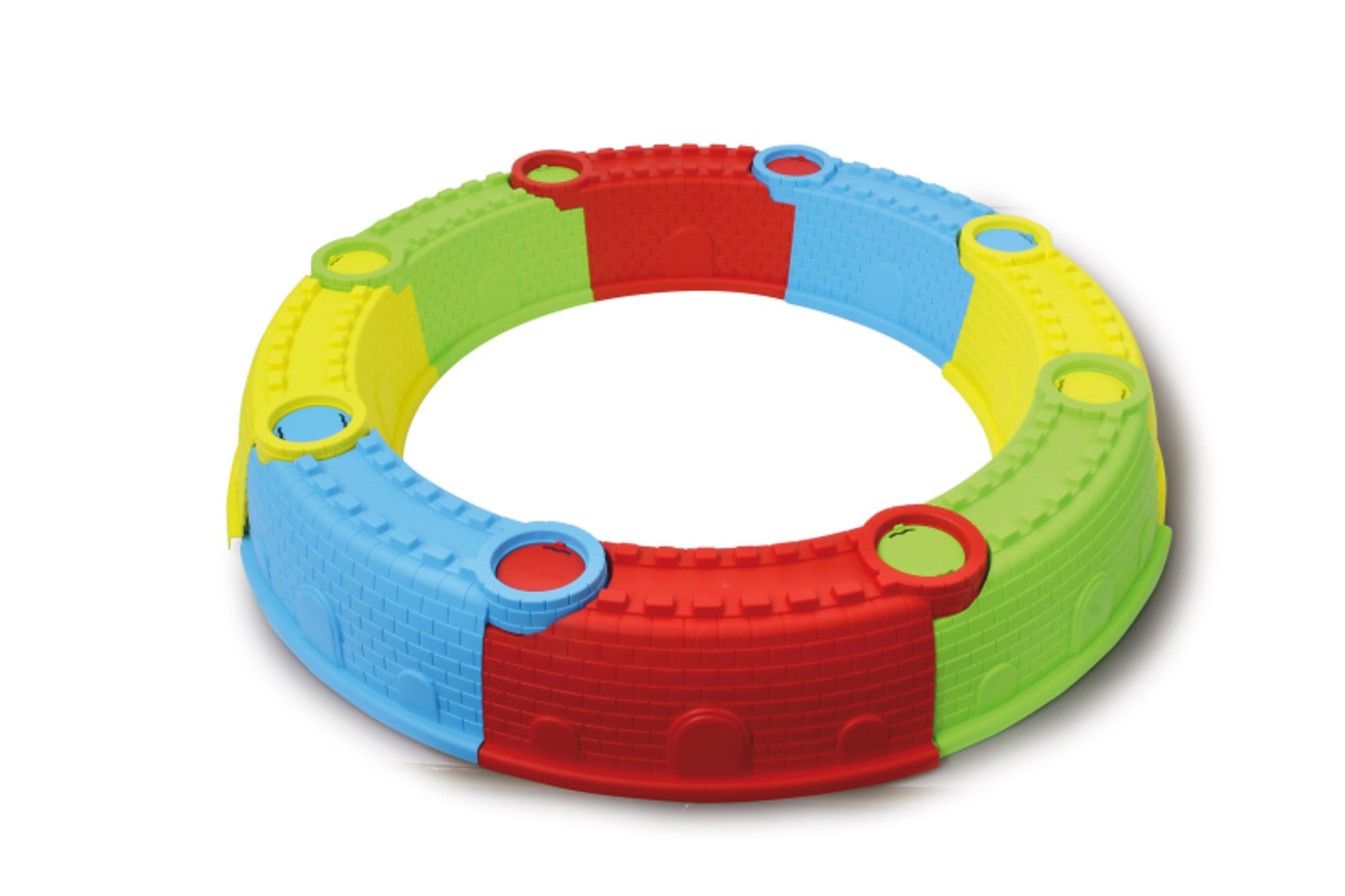 Kolorowy, okrągły zamek zabawka z segmentami w kolorze czerwonym, zielonym, żółtym i niebieskim.