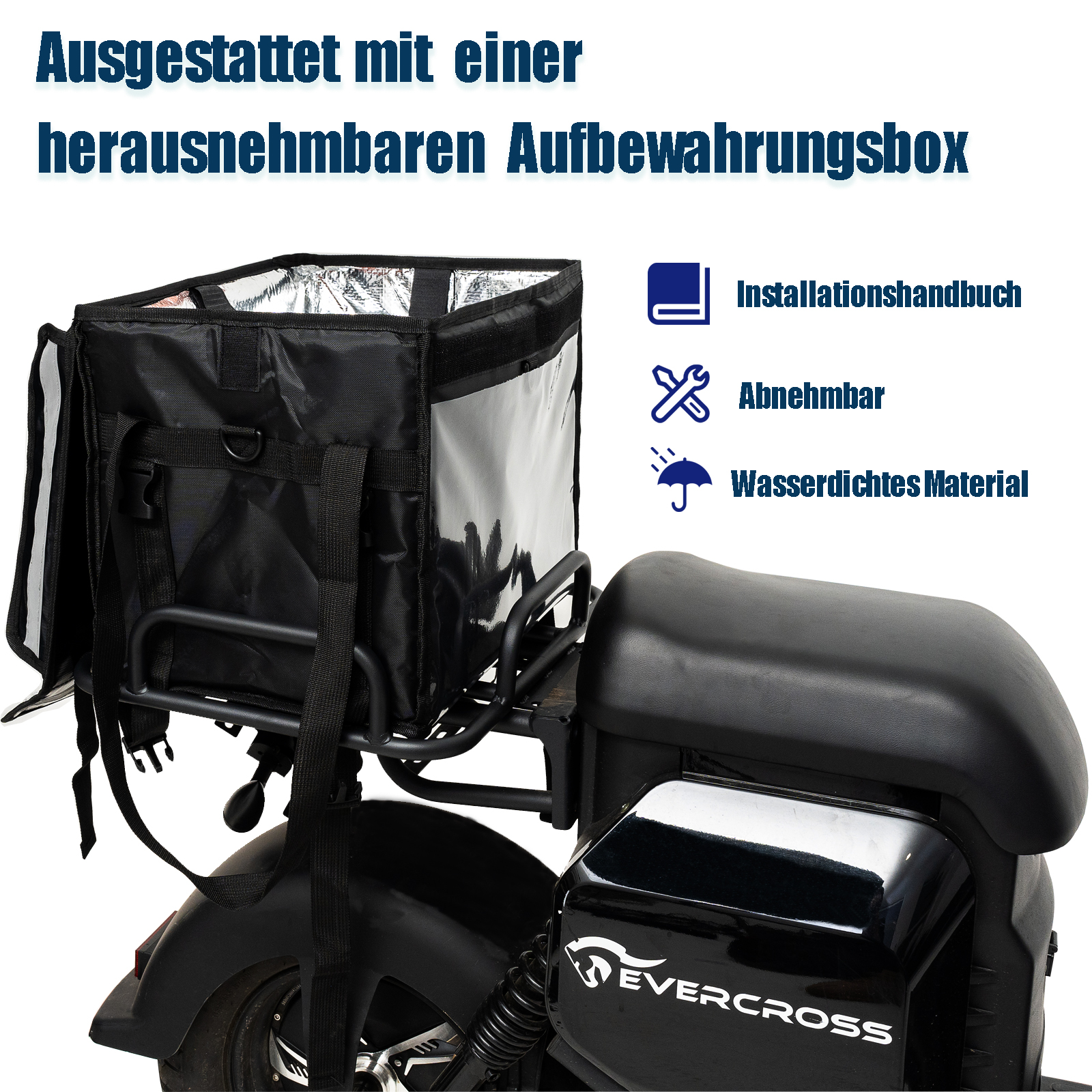 Eine schwarze Lieferbox auf einem Roller. Textbeschriftungen auf der Box.