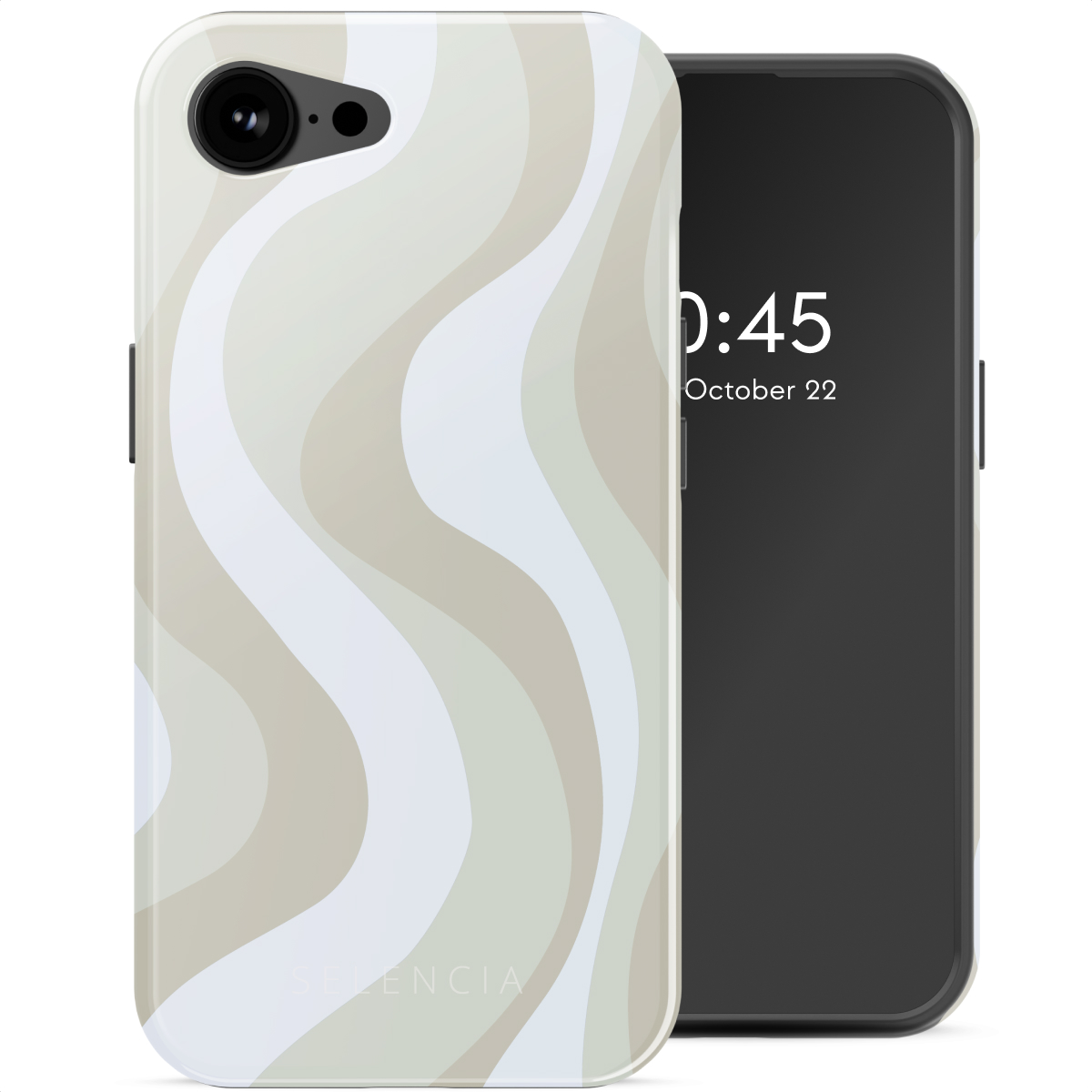 Una custodia per telefono con un motivo a onde bianco e beige su sfondo bianco.