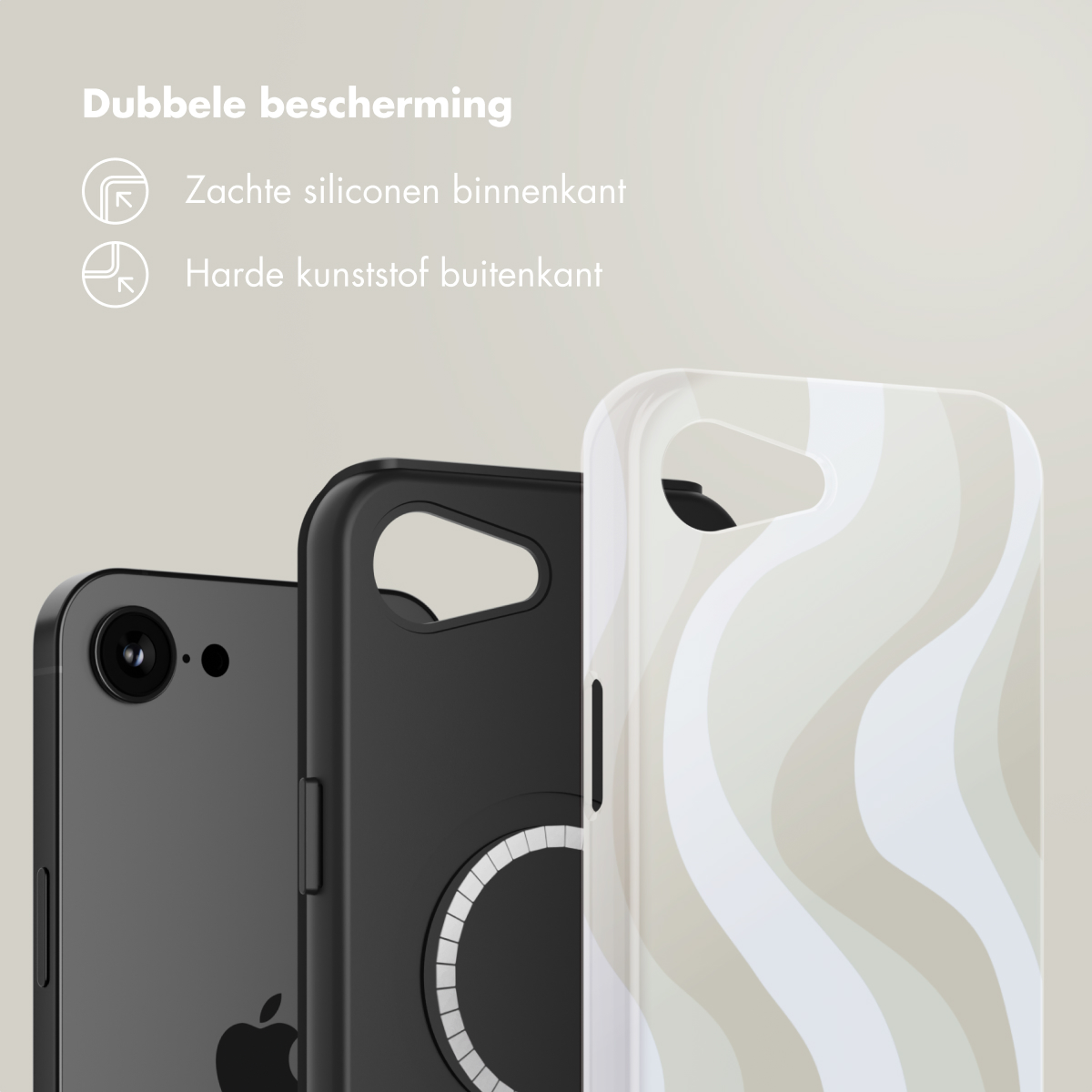Tre custodie per telefono che mostrano diversi design. Le custodie coprono il telefono.