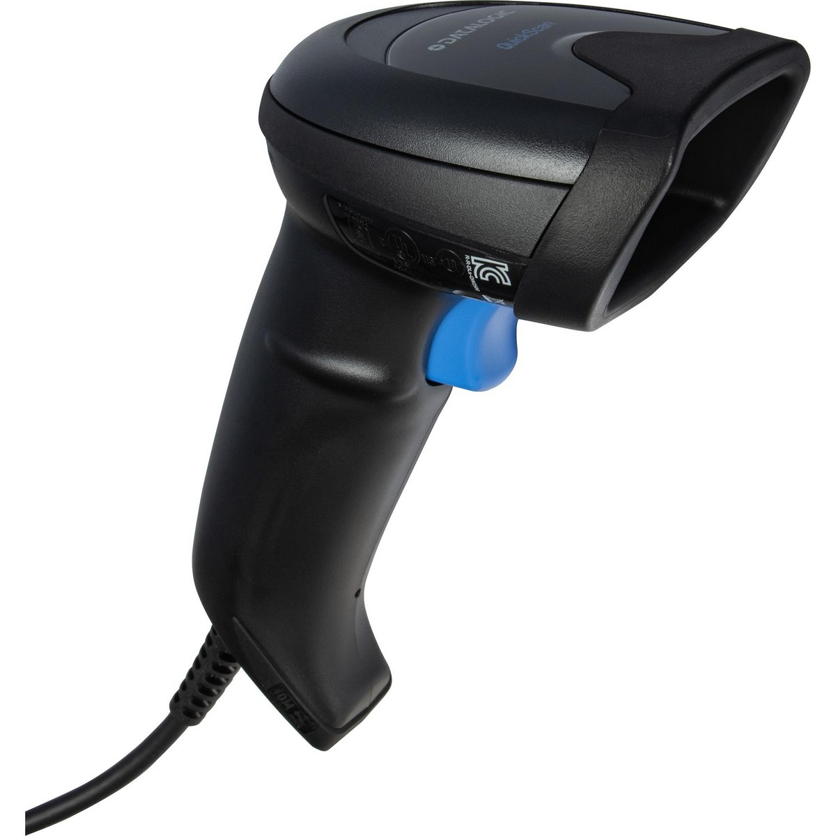 Scanner di codici a barre portatile nero con pulsante blu e design curvo, collegato a un cavo.