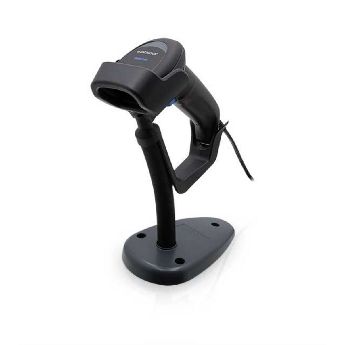 Uno scanner di codici a barre nero su un supporto, con una lunga maniglia e un cavo.