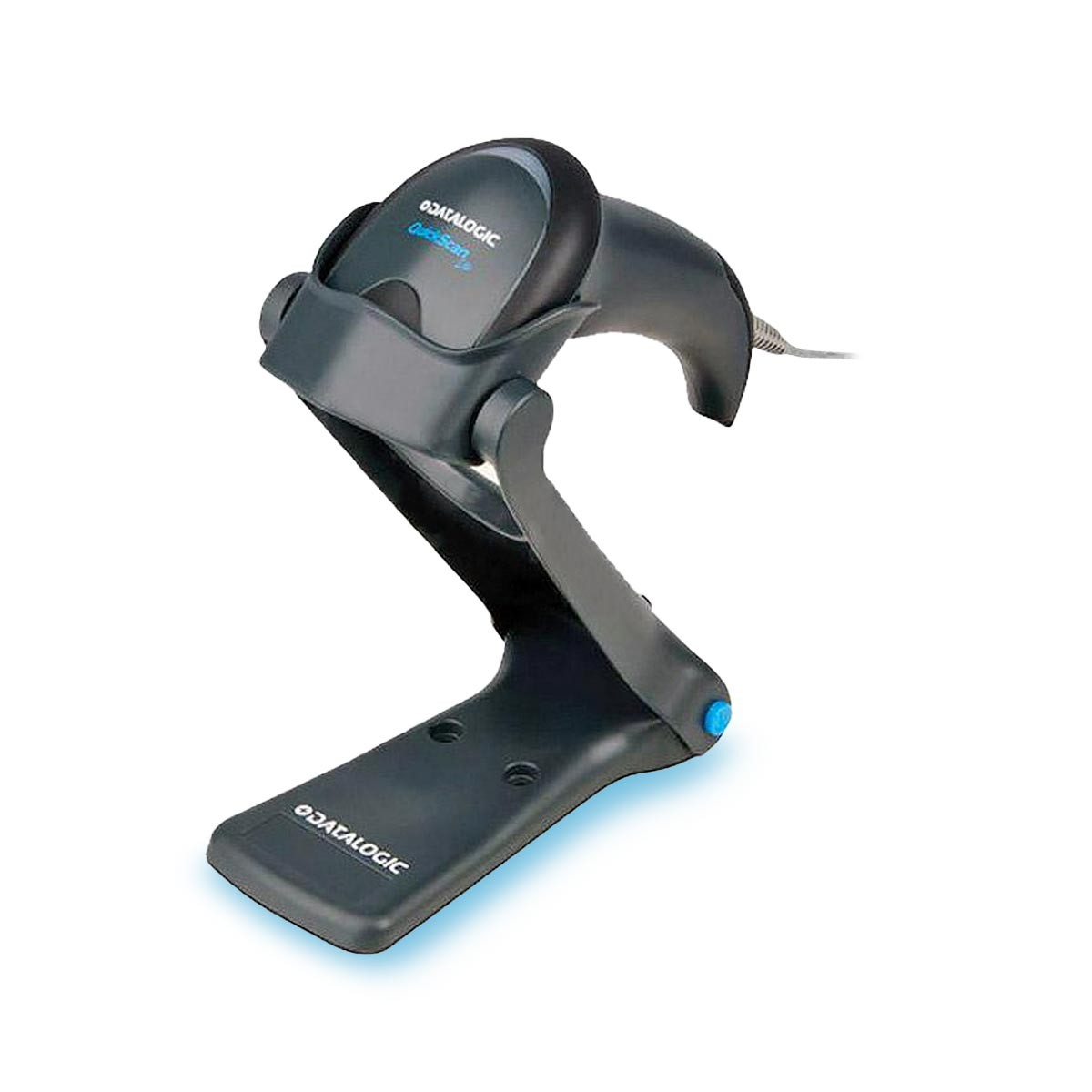 Scanner di codici a barre Datalogic QuickScan su supporto. Luce blu emessa.