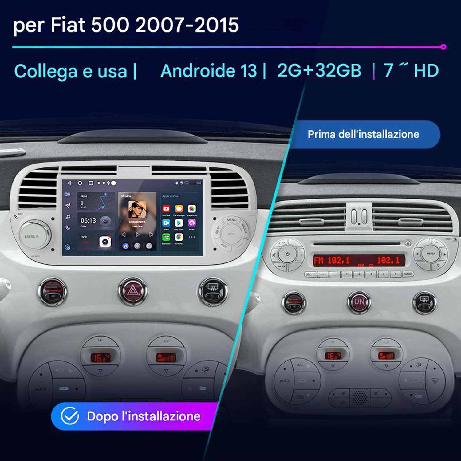 Autoradio con touchscreen. Mostra prima e dopo l'installazione.