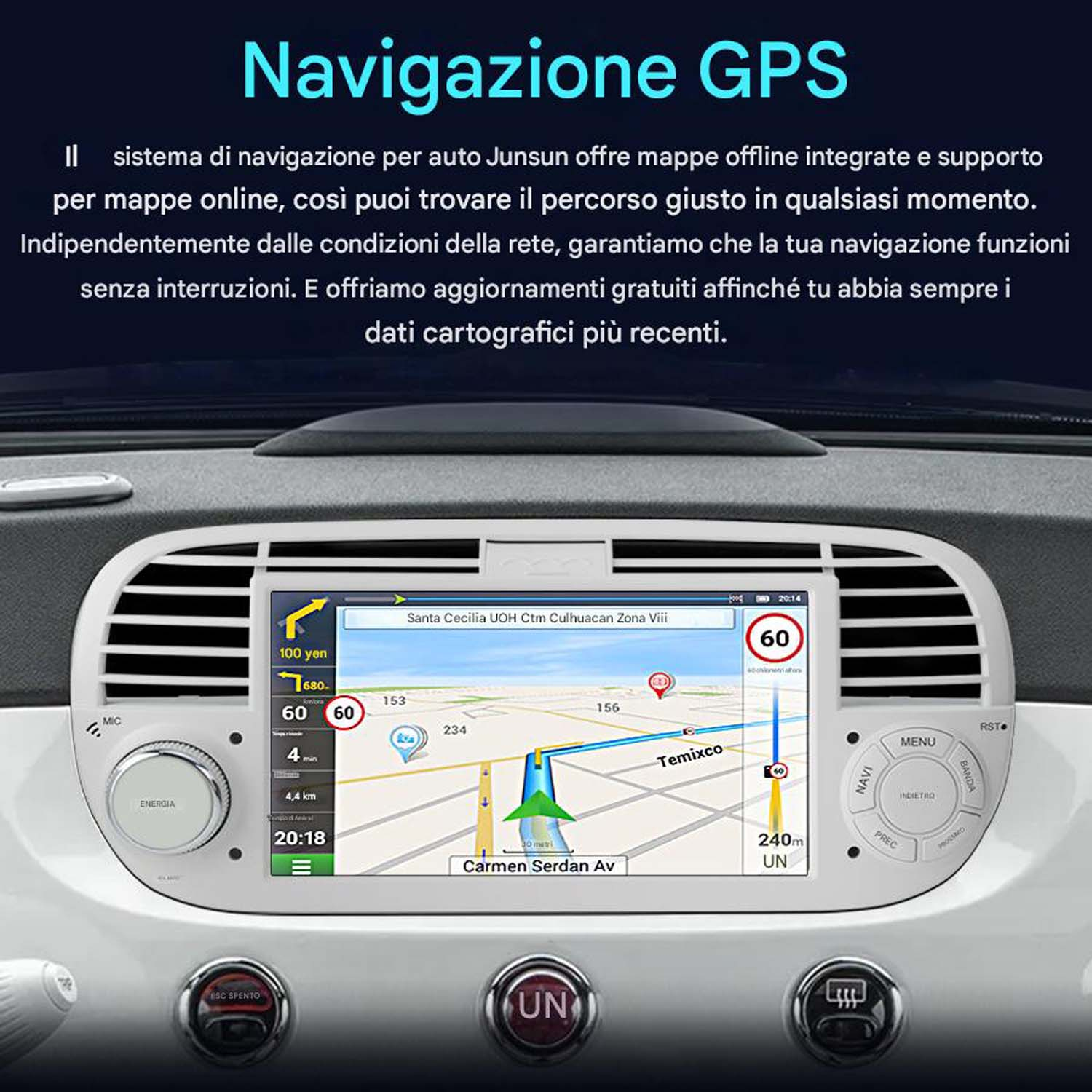 Cruscotto dell'auto con schermo di navigazione che mostra una mappa e la guida del percorso.