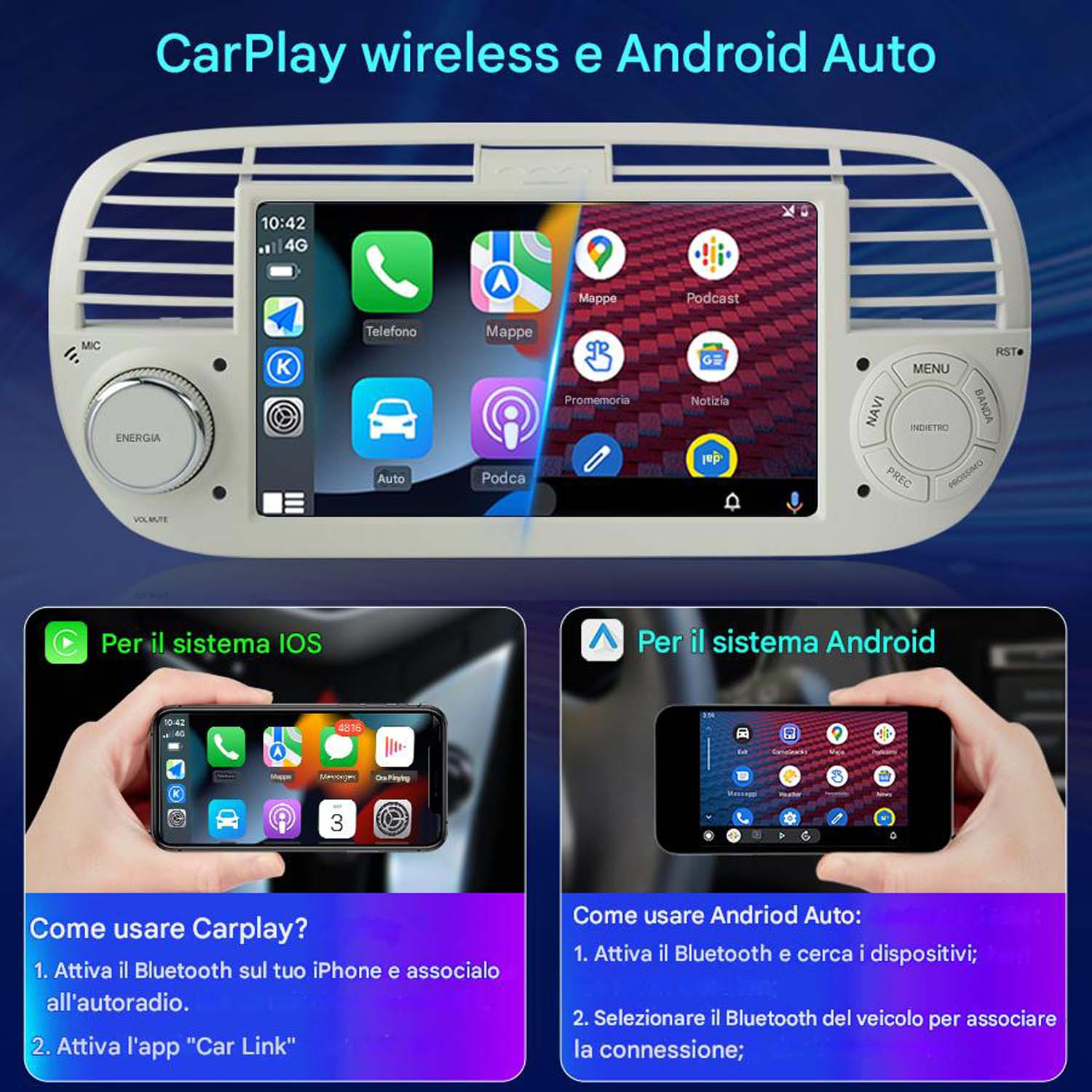 Interfaccia CarPlay e Android Auto su un display per auto. Due telefoni, uno con iOS, uno con Android, sotto.