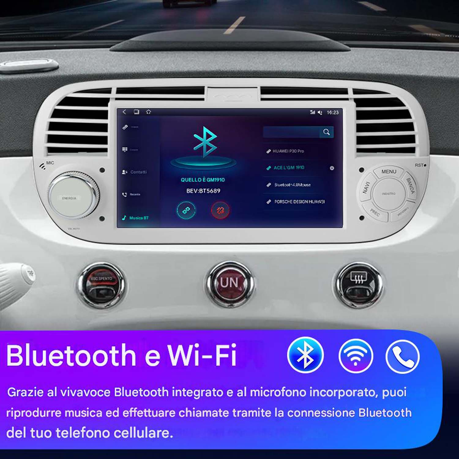 Cruscotto auto con schermo che mostra le opzioni Bluetooth e Wi-Fi. Cruscotto bianco, sfondo blu.