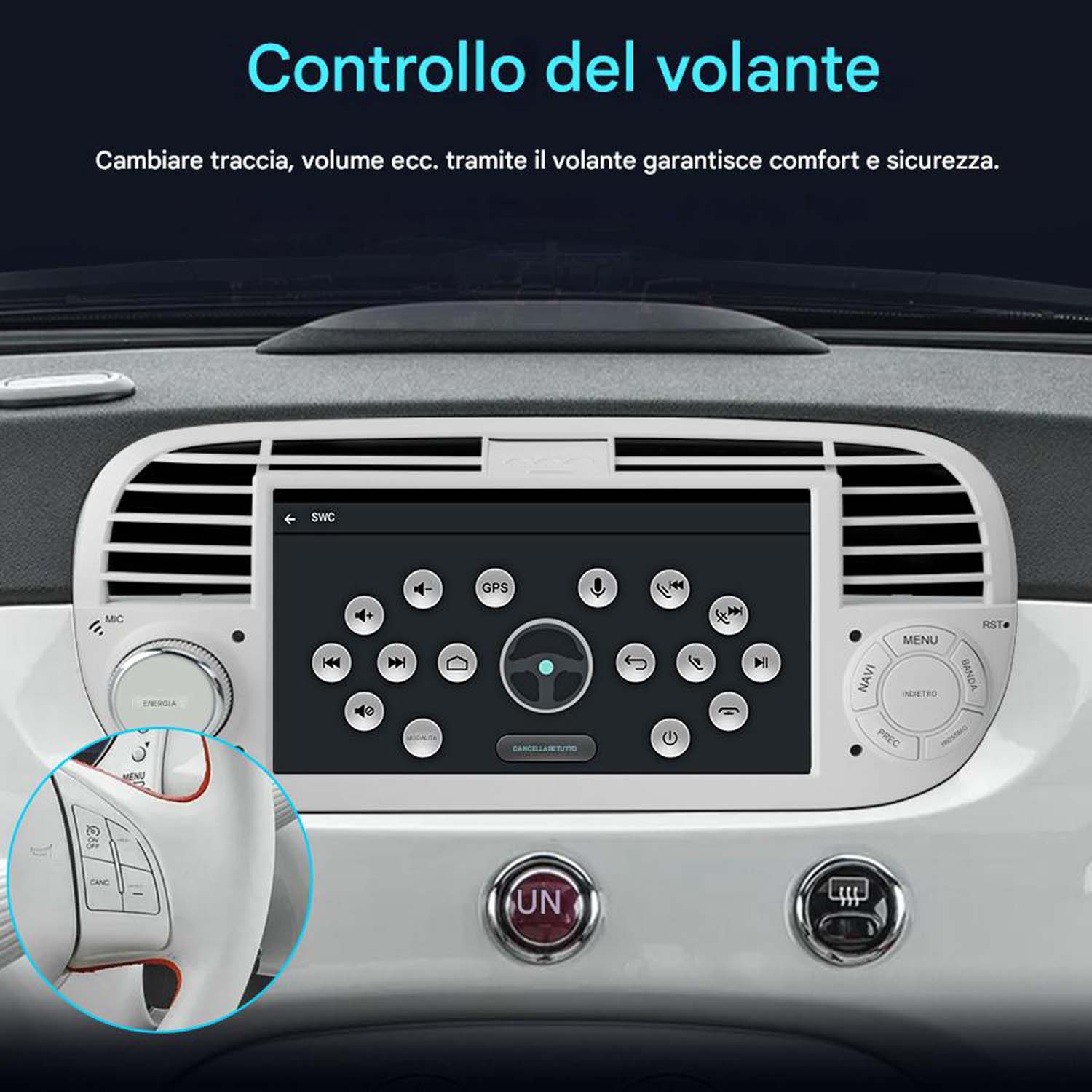 Sistema di navigazione dell'auto. Touchscreen, pulsanti e volante.