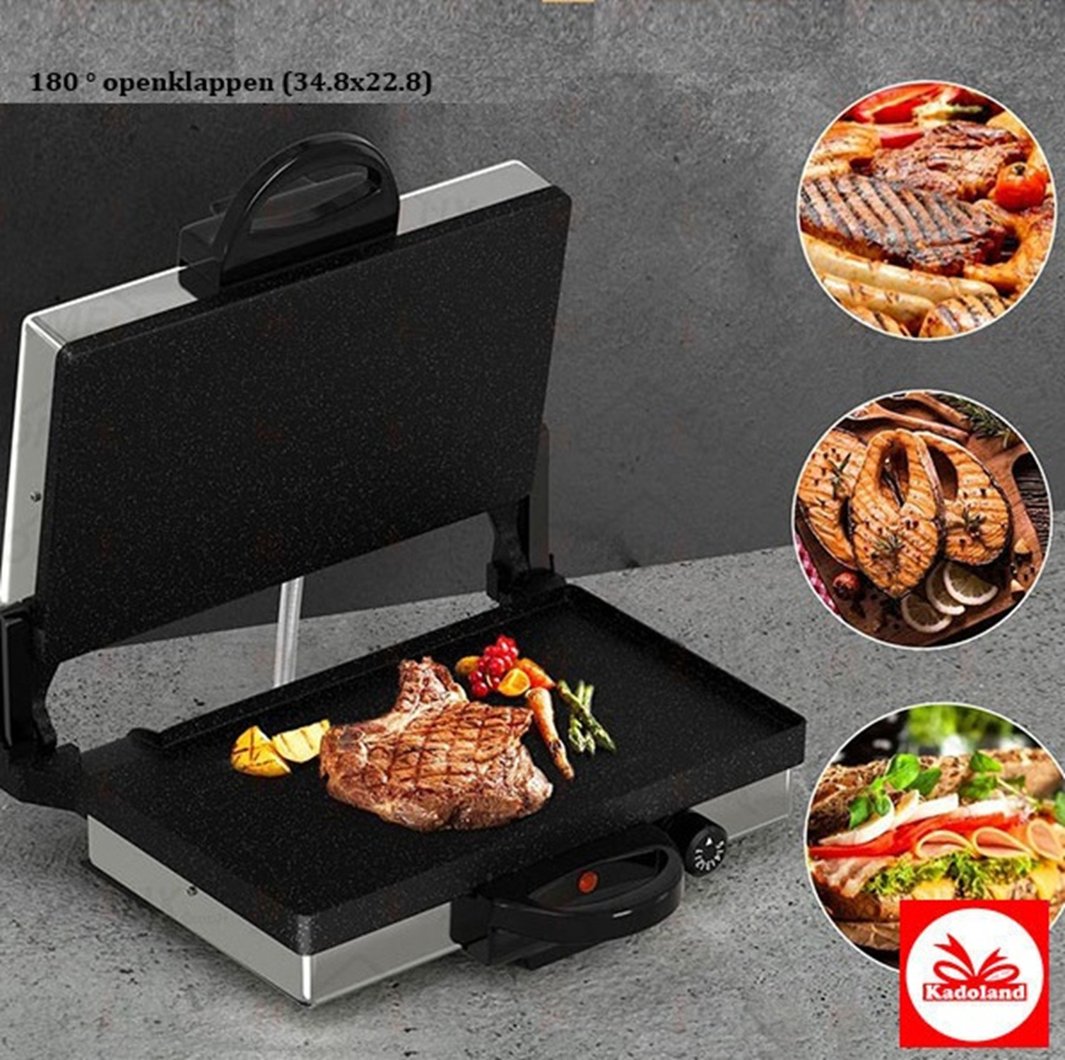 Silver grill with a steak, grilled vegetables, and other food with a red logo in the corner.
