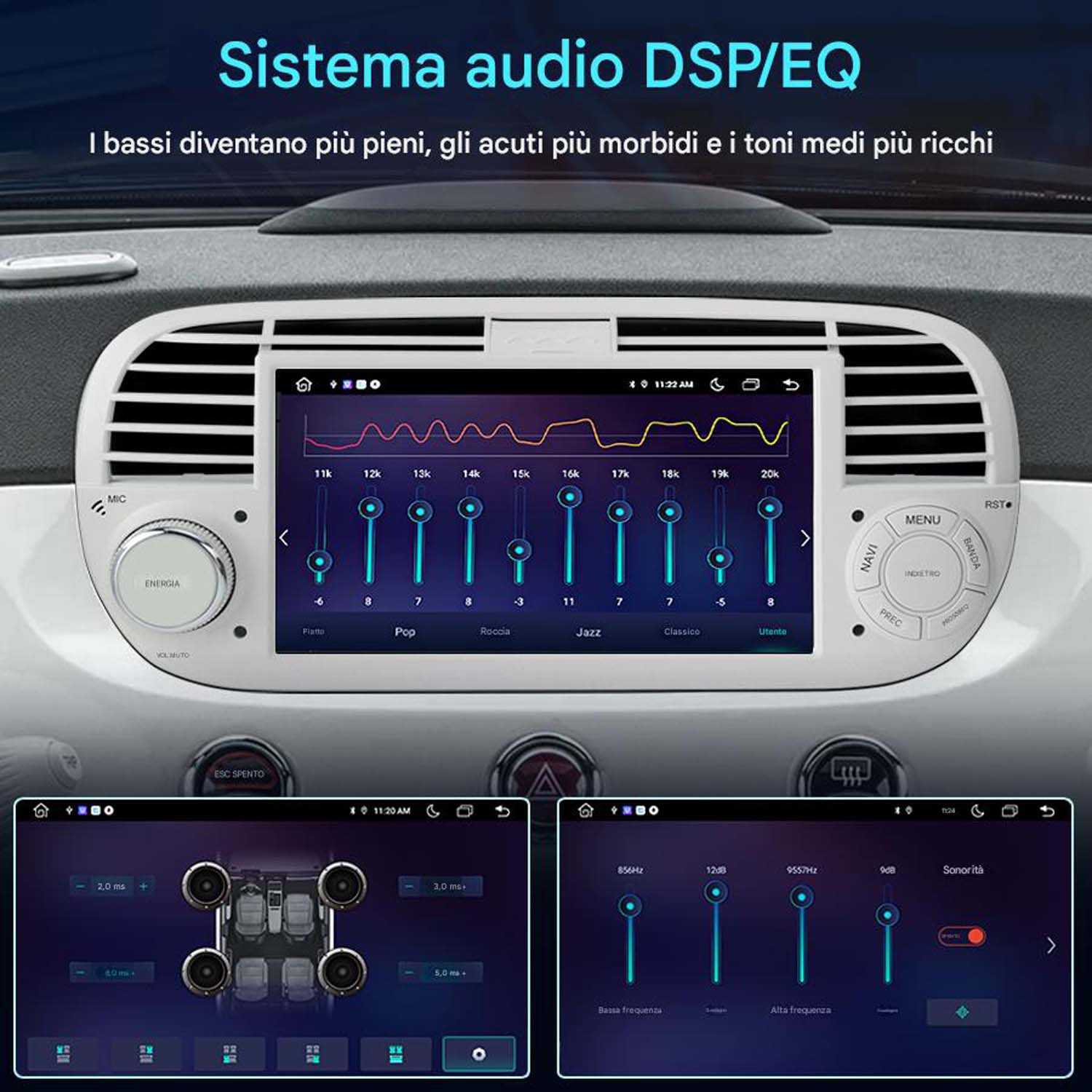 Pannello di controllo autoradio con impostazioni equalizzatore e due display sotto.