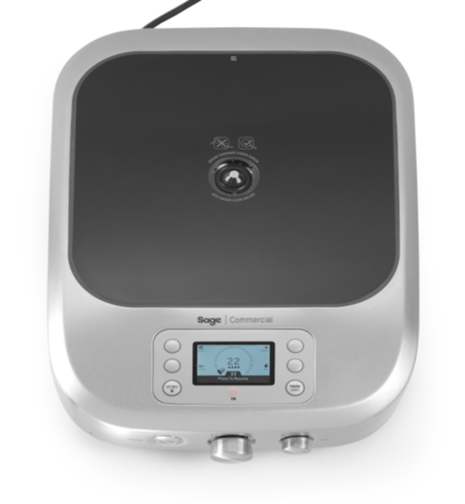 Silver cooking device. Display showing temperature. Buttons around display, black surface.
