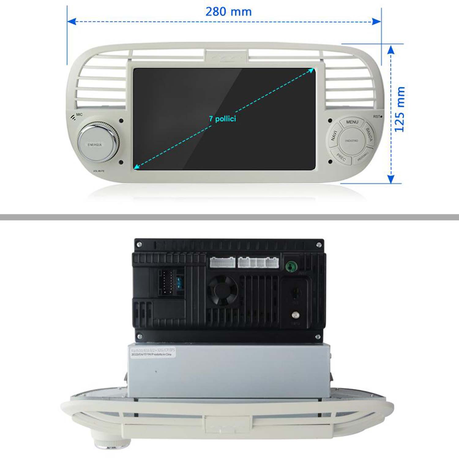 Schermo dell'autoradio con dimensioni, pulsanti e vista del retro.