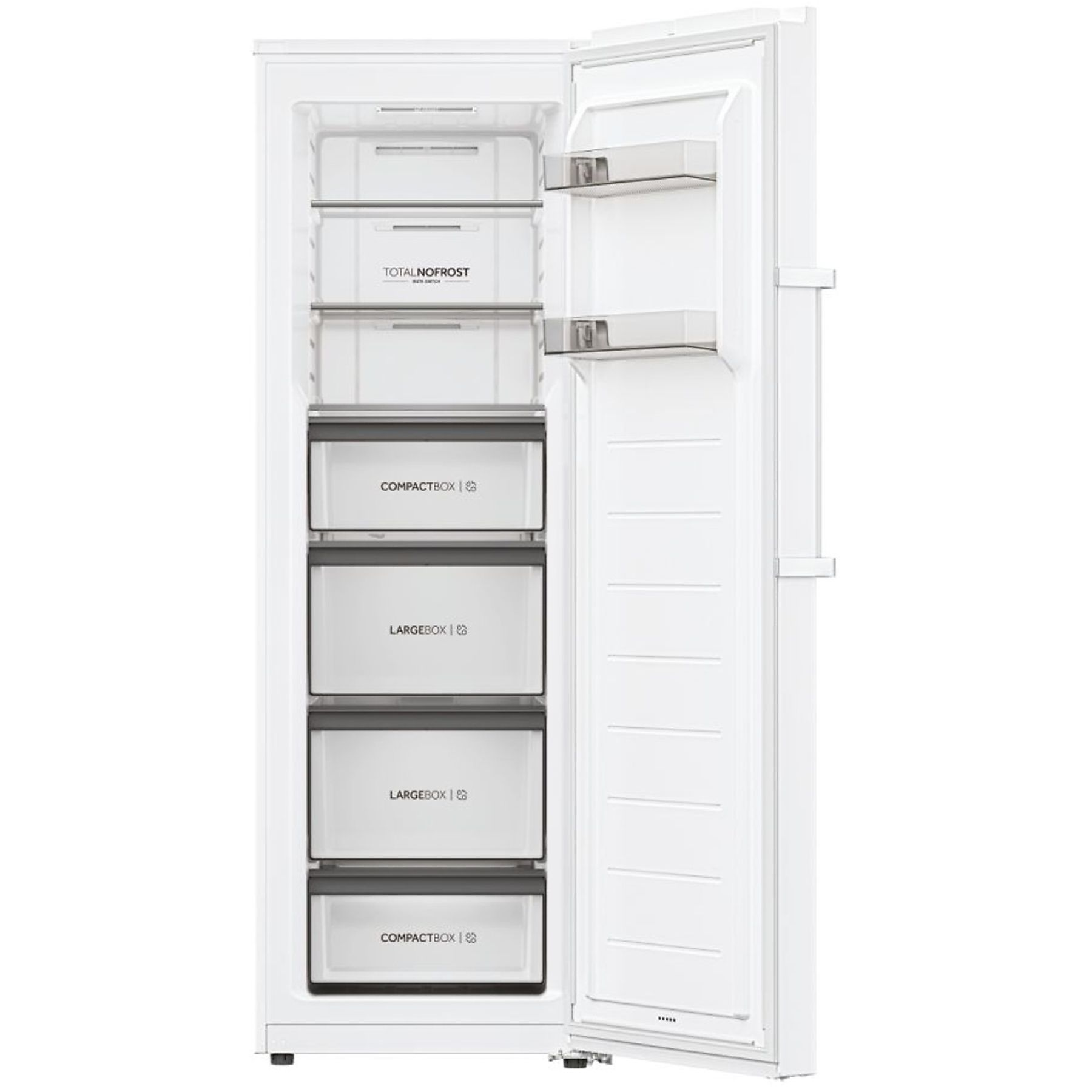 Réfrigérateur blanc ouvert avec tiroirs et étagères, présentant un système total no frost, à l'intérieur.