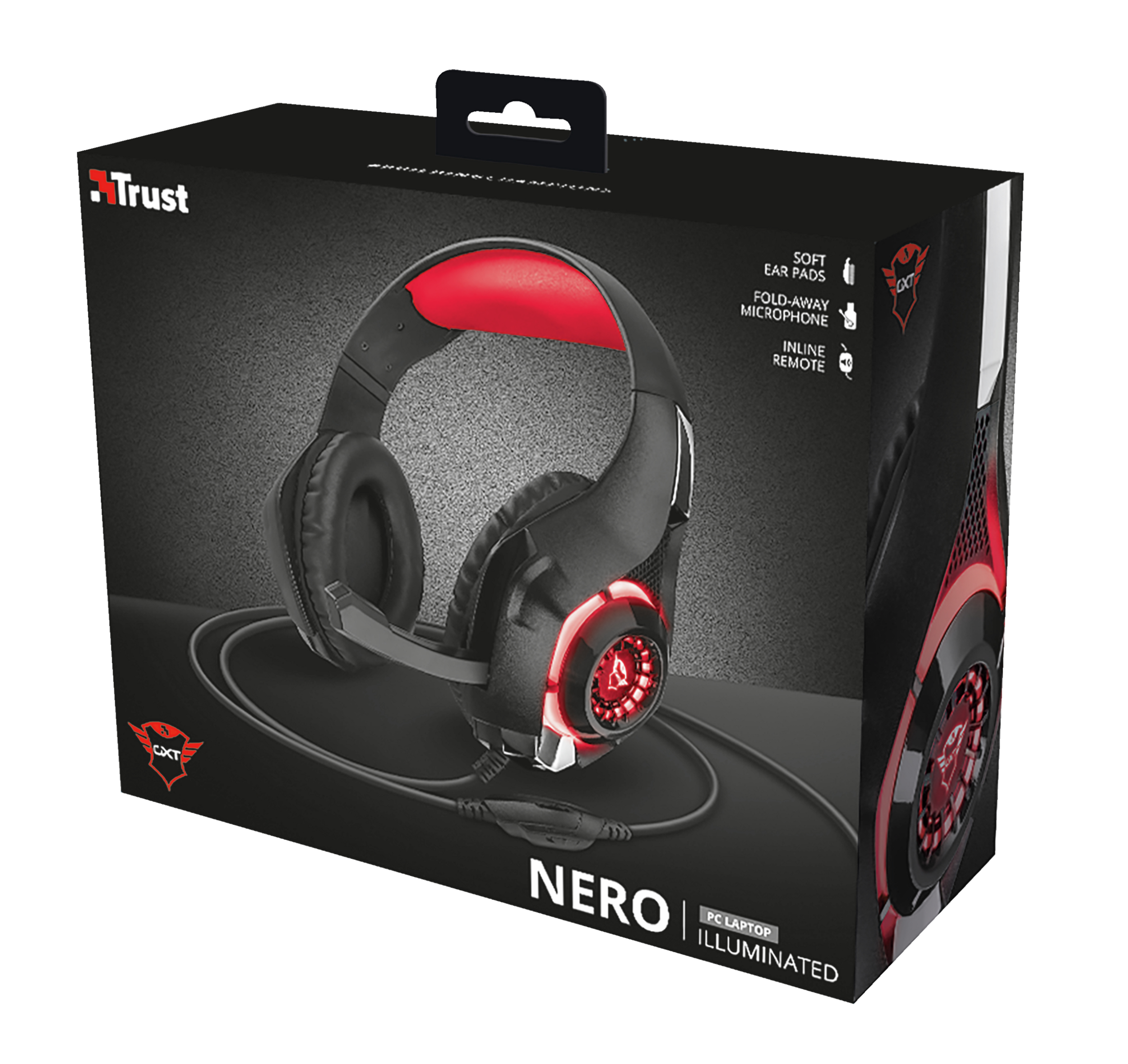 Czarny i czerwony zestaw słuchawkowy dla graczy w pudełku. Pudełko pokazuje zestaw, jego funkcje i markę.