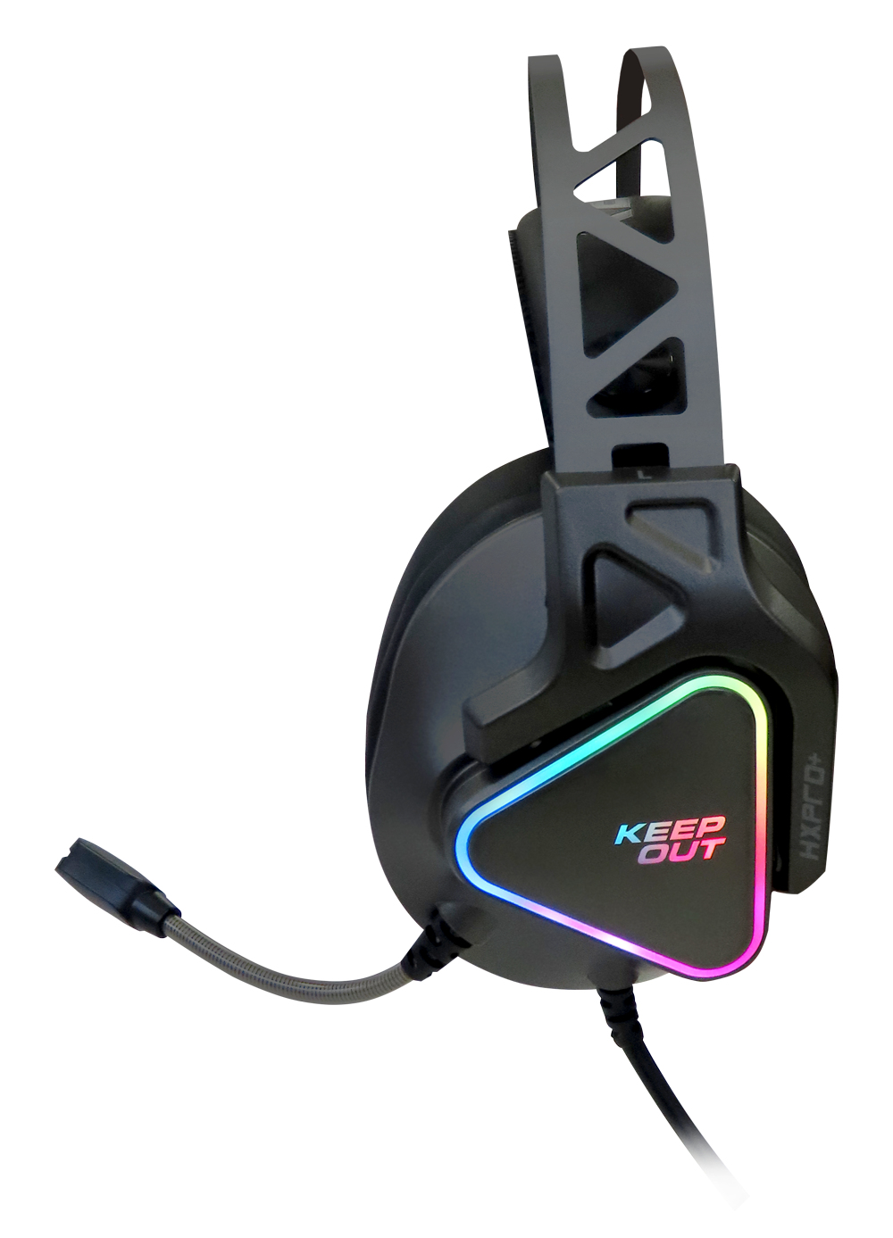 Cuffie da gioco nere con microfono e pannello LED colorato. Logo Keep Out.