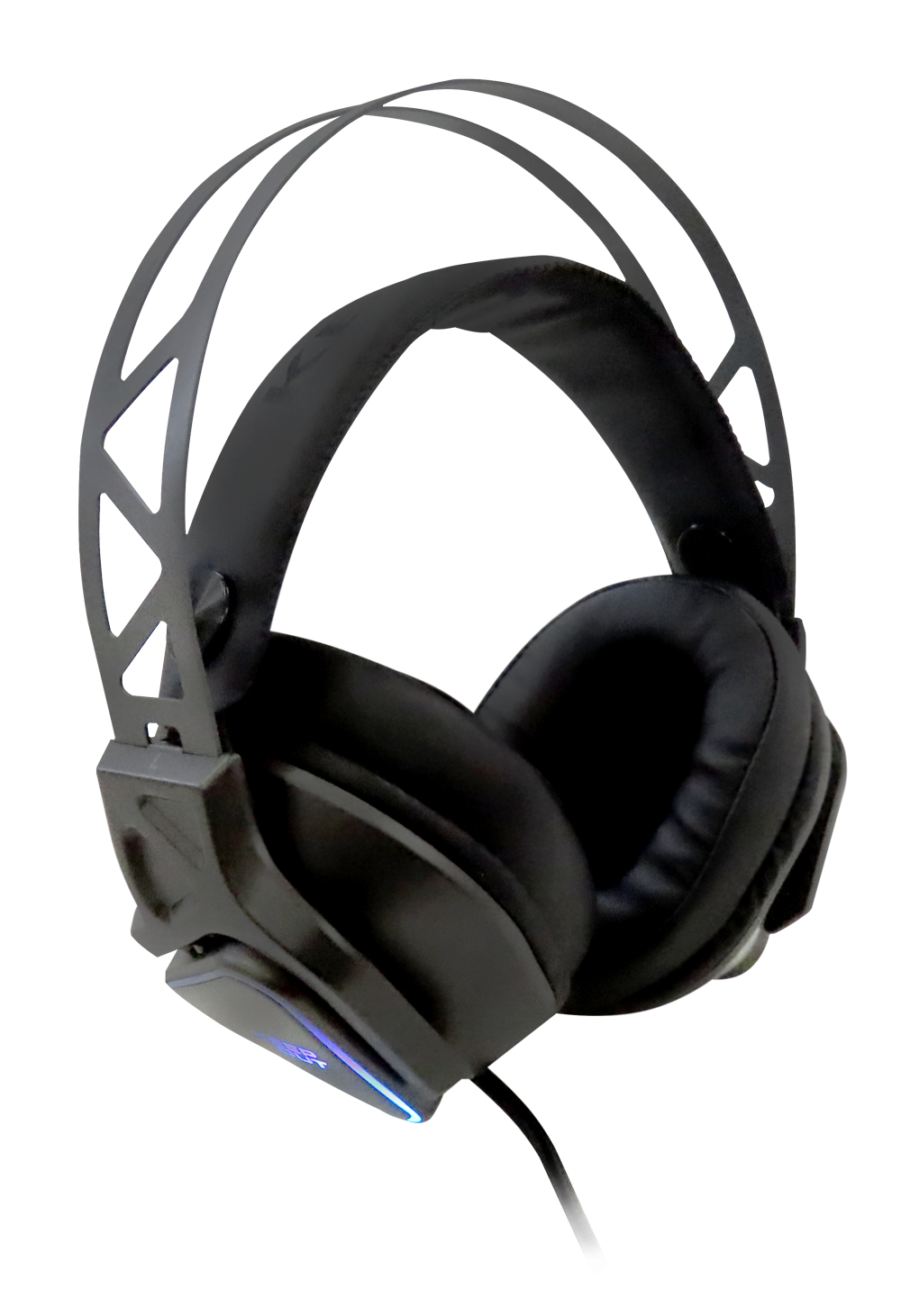 Cuffie da gioco nere su bianco, con design e cavo.