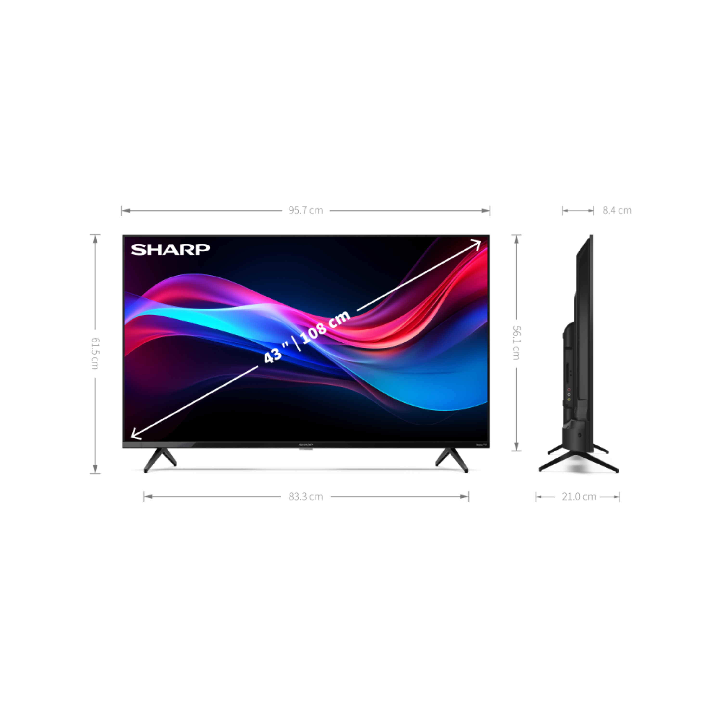 Flachbildfernseher, schwarzer Rahmen, auf Ständer. Zeigt Abmessungen: 43 Zoll Bildschirm, 95,7 cm breit, 61,5 cm hoch.