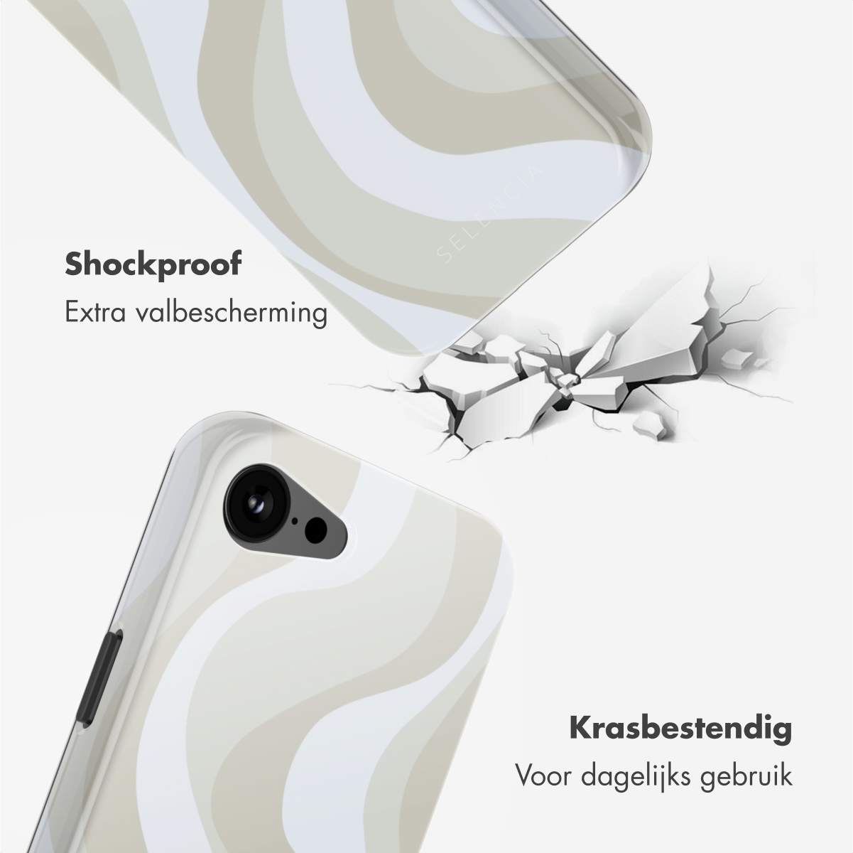 Custodia per telefono con vortici bianchi e beige. Testo: Antigraffio, Resistente ai graffi.