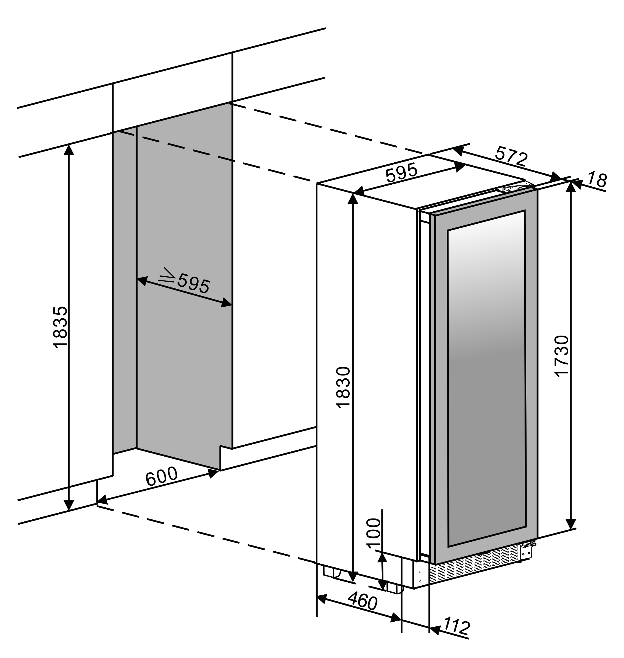 Diagrama que muestra las dimensiones de una vinoteca, incluyendo altura y ancho.