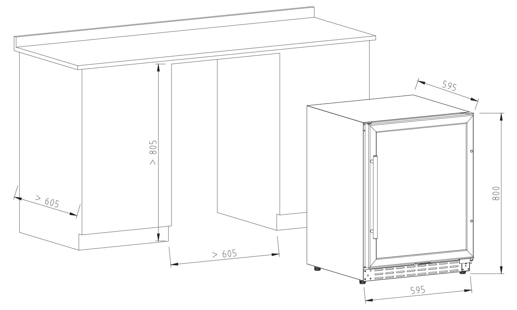 Un mueble de cocina blanco con un frigorífico empotrado al lado. Se indican las medidas.