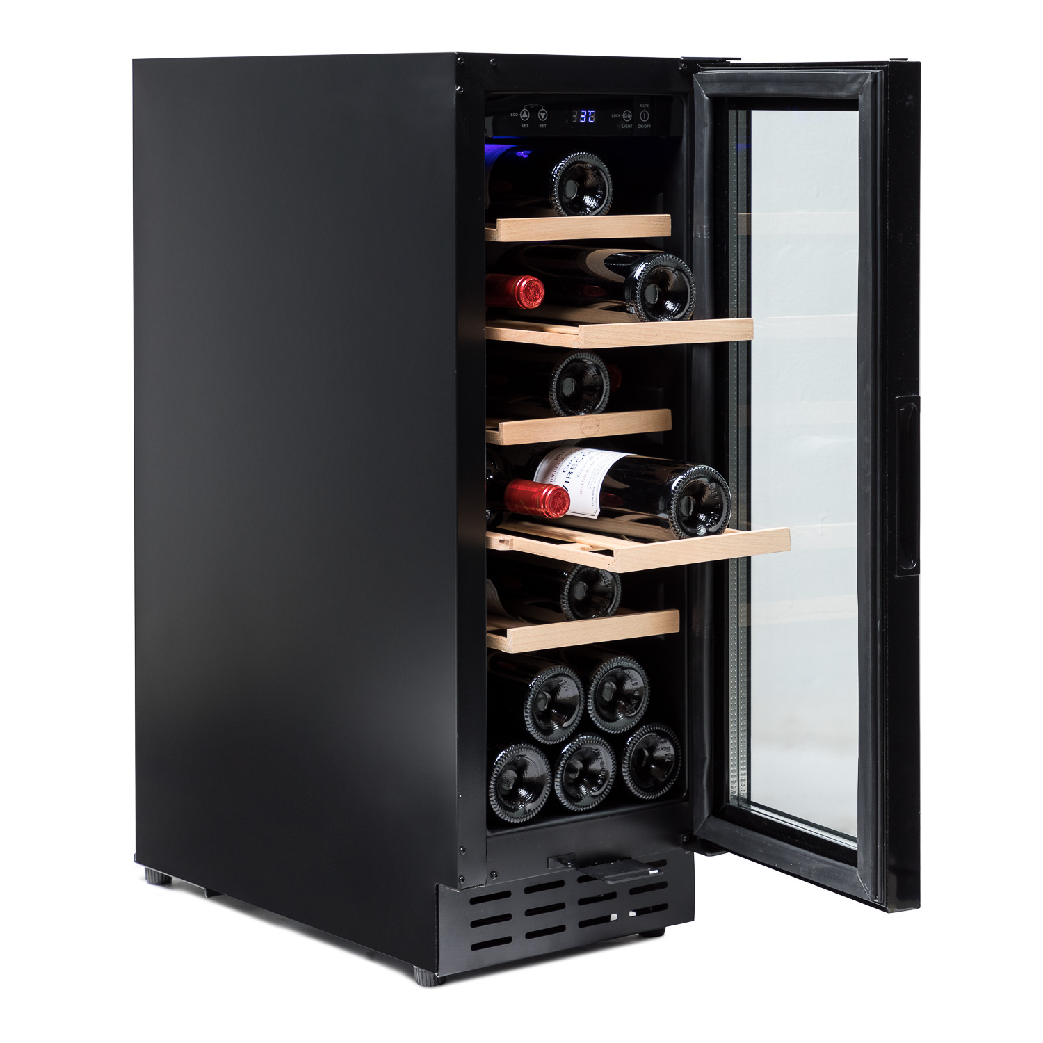 Enfriador de vino negro con puerta de vidrio abierta. Botellas de vino en estantes de madera dentro.