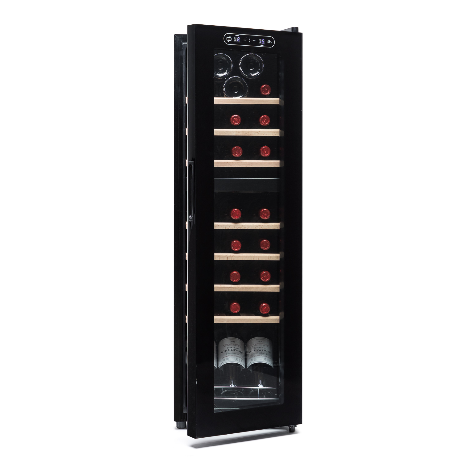 Enfriador de vino negro con puerta de cristal, mostrando botellas en estantes de madera.