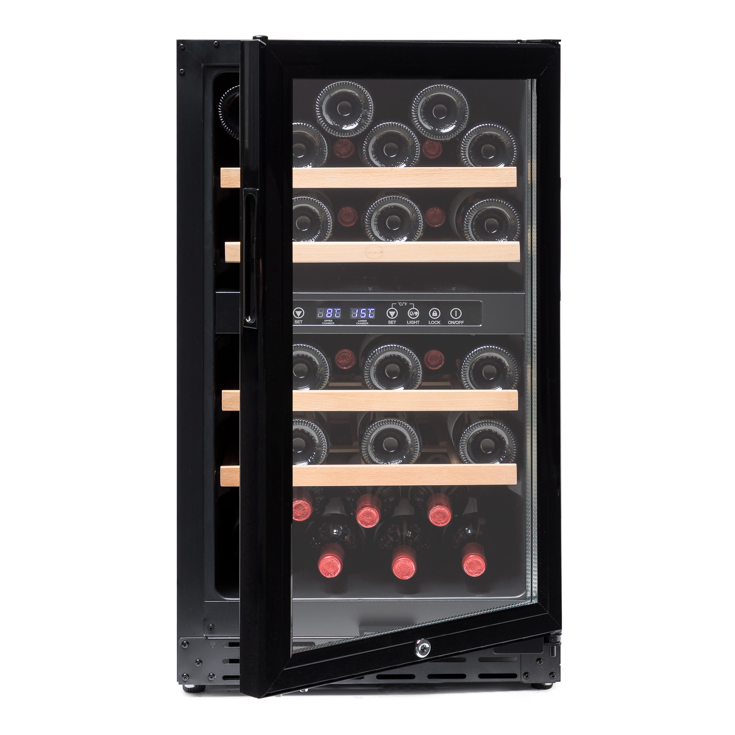 Enfriador de vino negro con puerta de cristal abierta, botellas dentro.