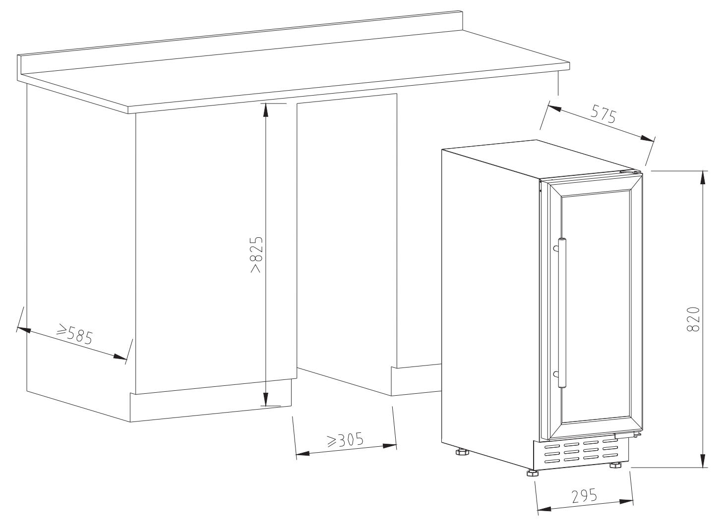 Un diagrama de una vinoteca y un armario con dimensiones, sobre un fondo blanco.