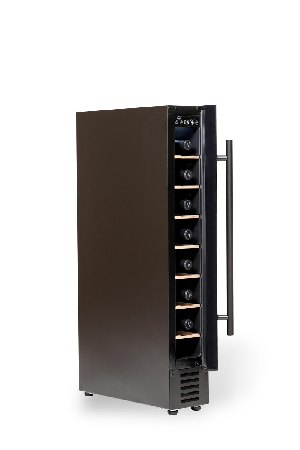 Una vinoteca negra con un asa lateral y una pantalla digital. La puerta está entreabierta.