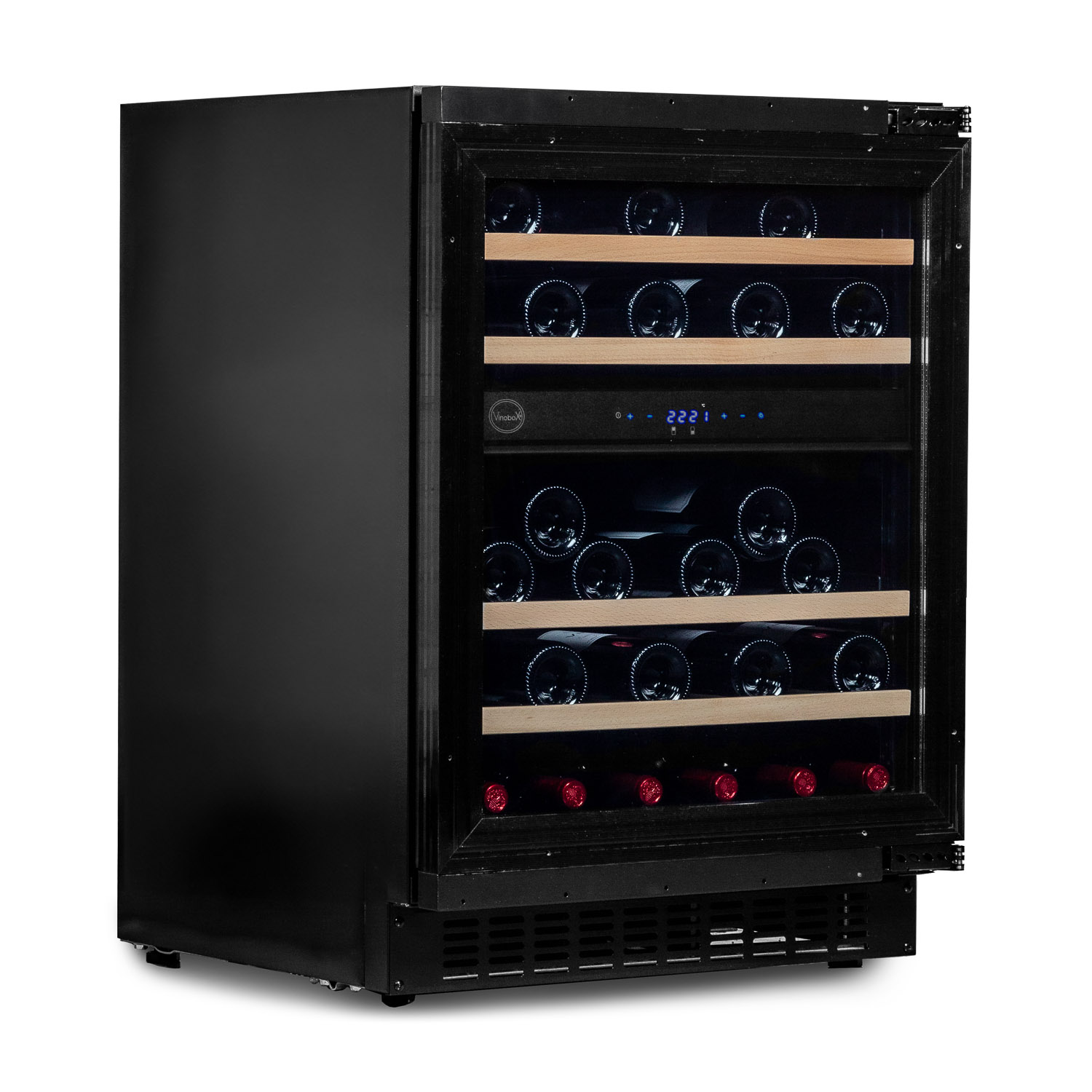 Vinoteca negra con puerta de cristal, mostrando múltiples botellas de vino.